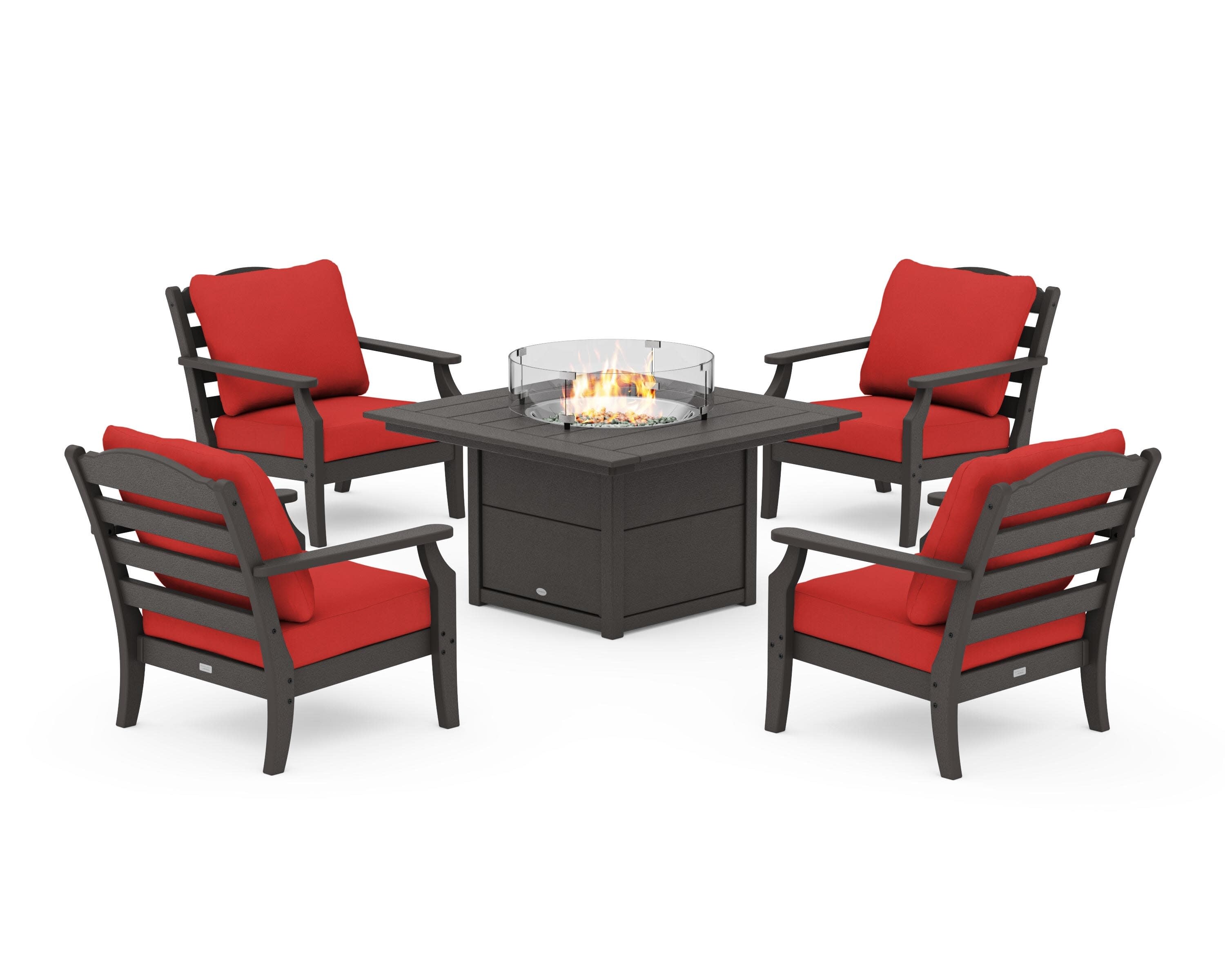 Savannah 5-Piece Deep Seating Set with Fire Pit Table in Vintage Coffee / Crimson Linen