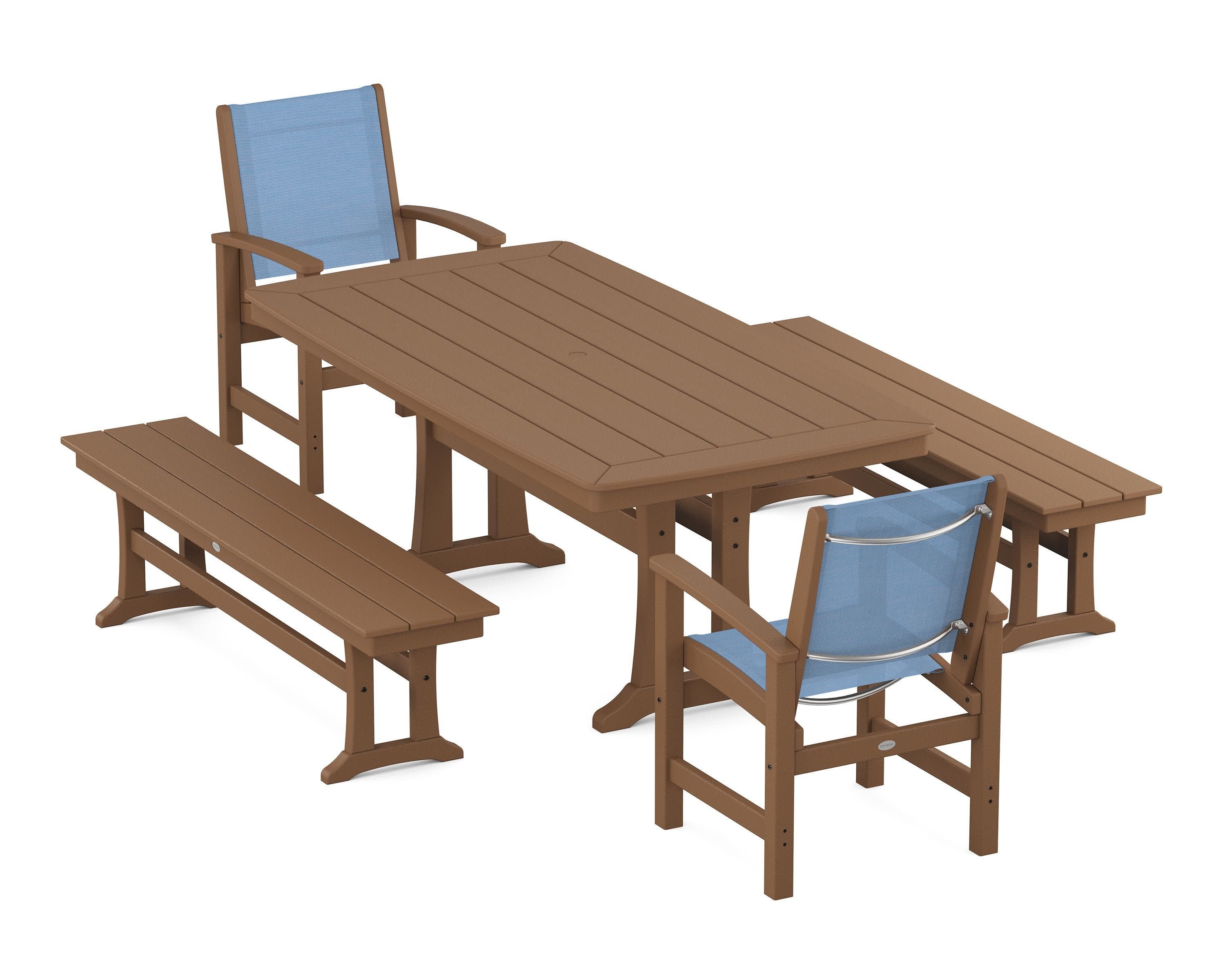 Coastal 5-Piece Dining Set with Trestle Legs and Benches in Teak / Poolside Sling