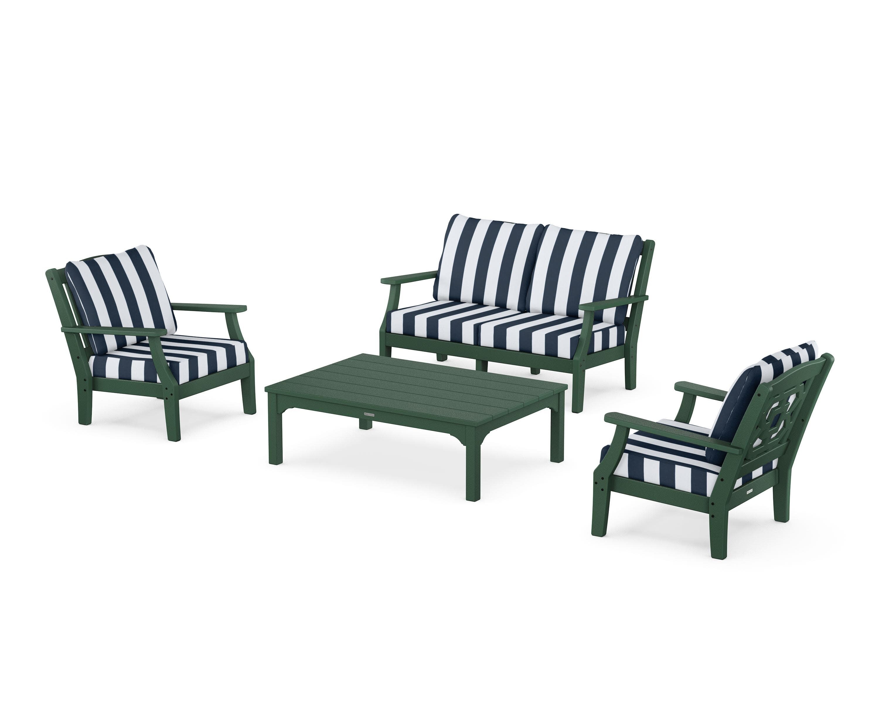 Chinoiserie 4-Piece Deep Seating Set with Loveseat in Green / Cabana Stripe Marine Indigo