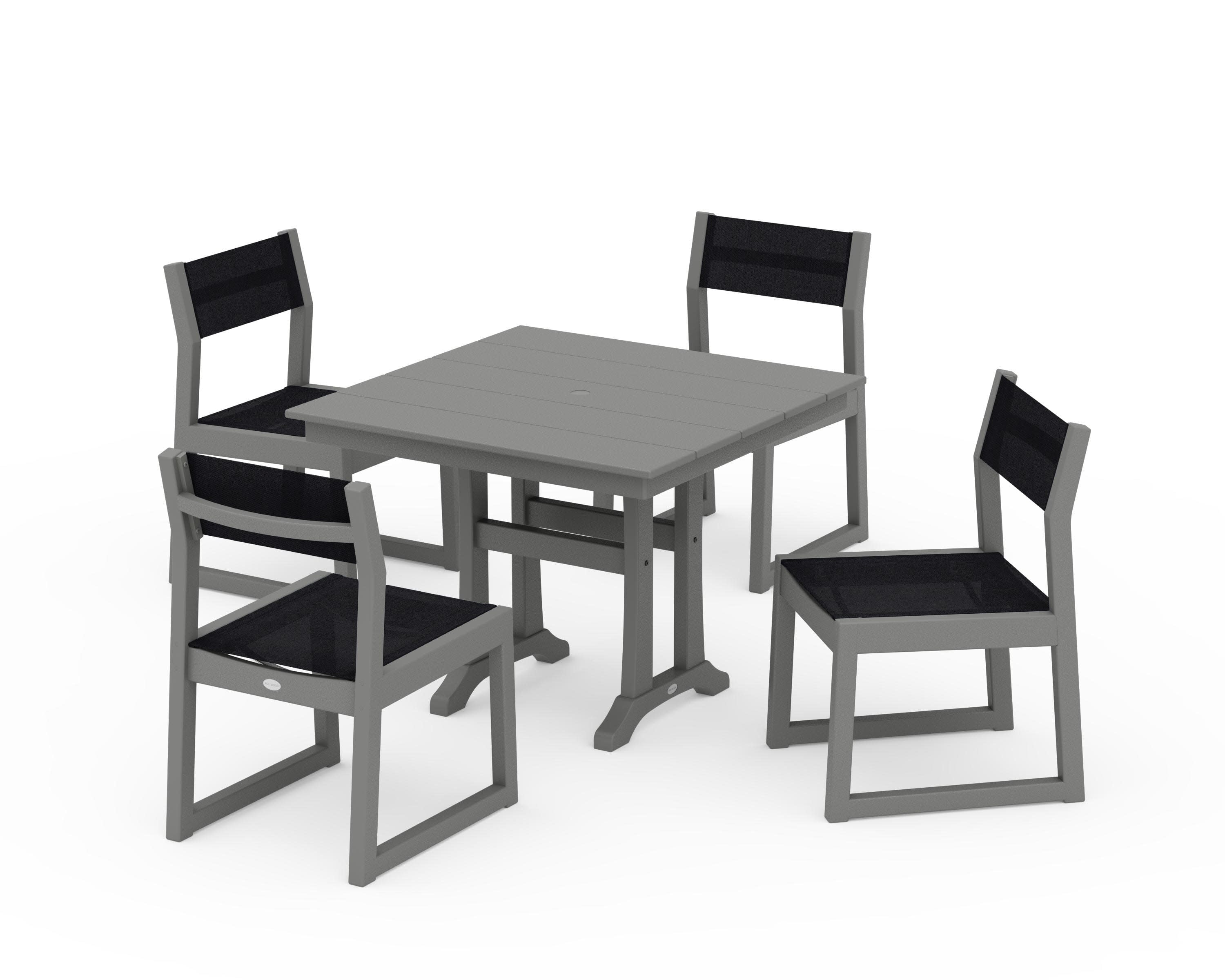EDGE Sling 5-Piece Farmhouse Trestle Side Chair Dining Set in Slate Grey / Black Sling