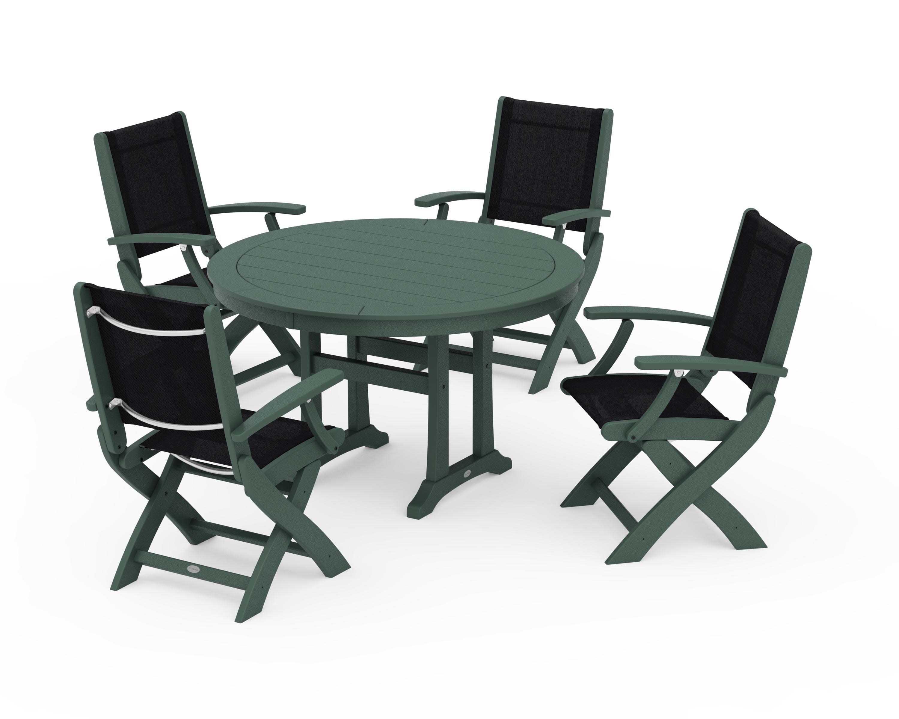 Coastal Folding Chair 5-Piece Round Dining Set with Trestle Legs in Green / Black Sling
