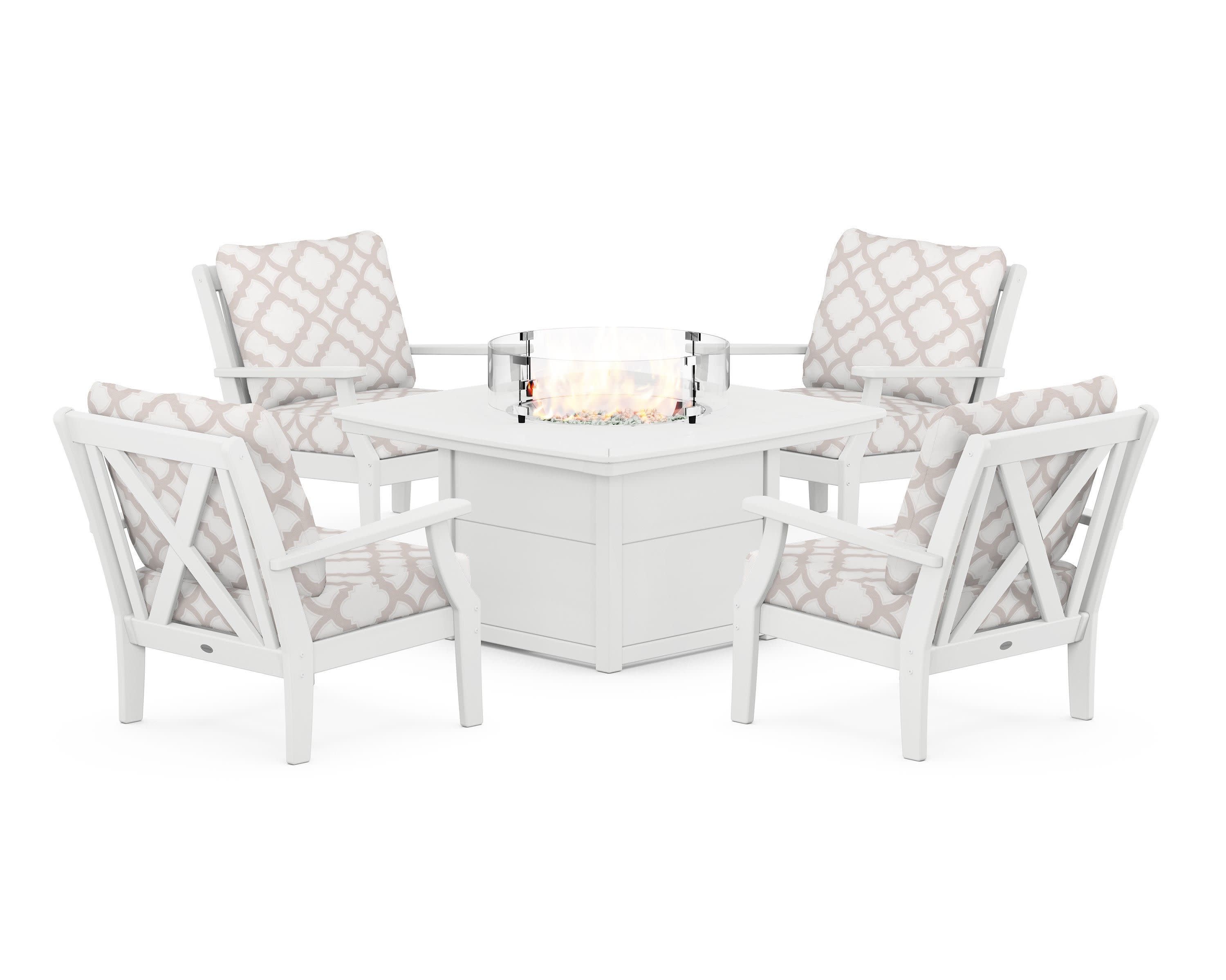 Braxton 5-Piece Deep Seating Conversation Set with Fire Pit Table in White / Trellis Dune Burlap
