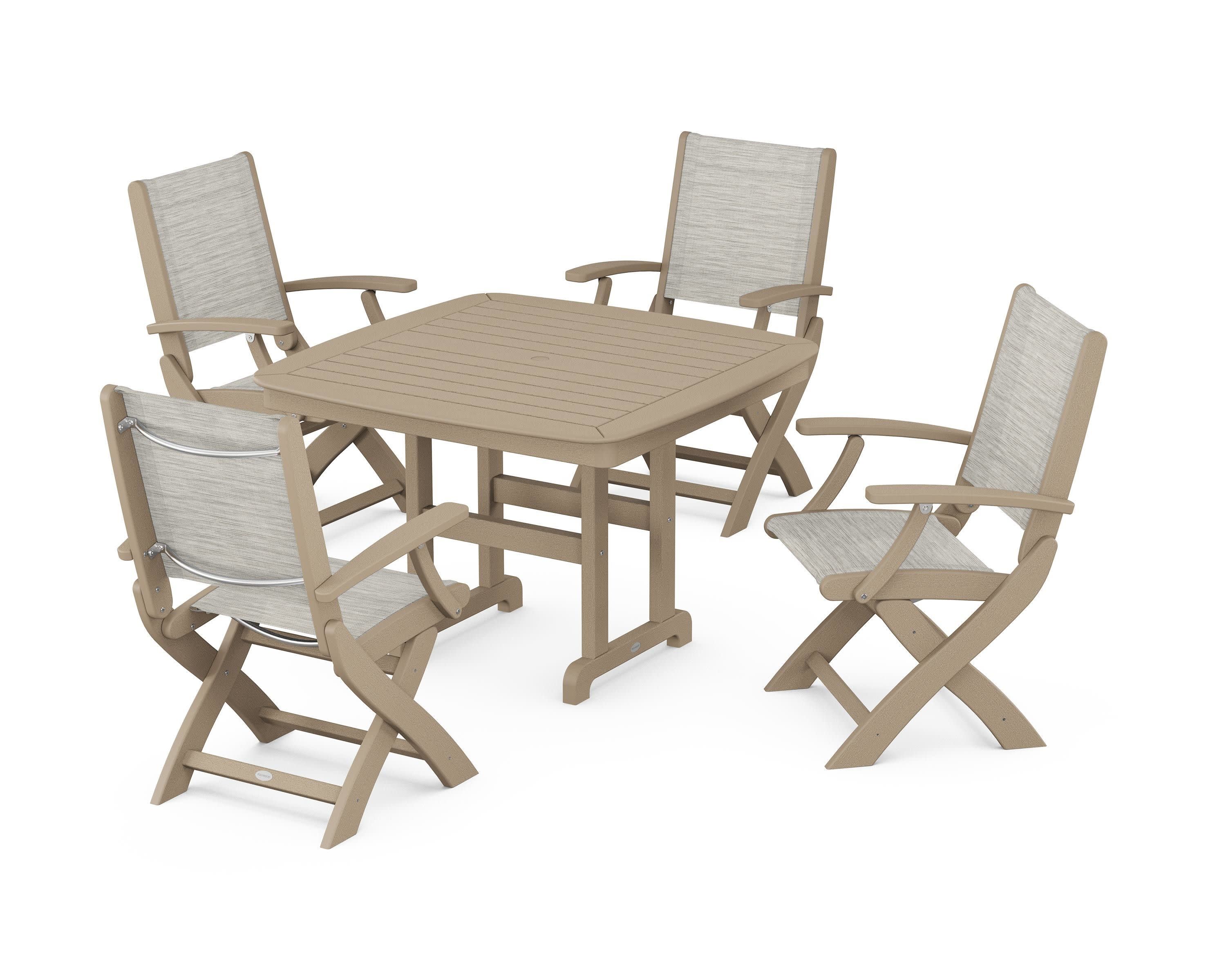 Coastal Folding Chair 5-Piece Dining Set in Vintage Sahara / Birch Sling