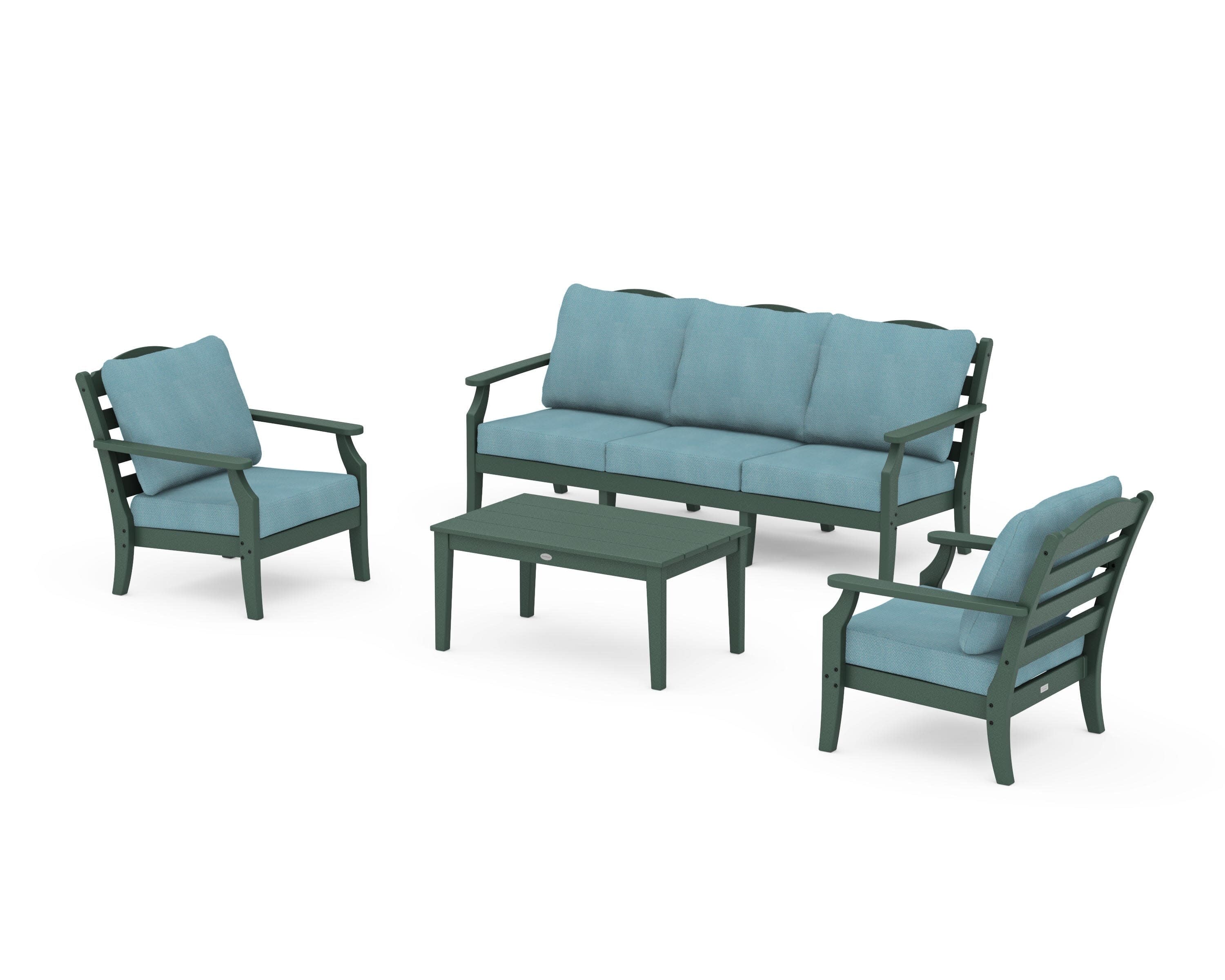 Savannah 4-Piece Deep Seating Set with Sofa in Green / Lattice Sky Blue