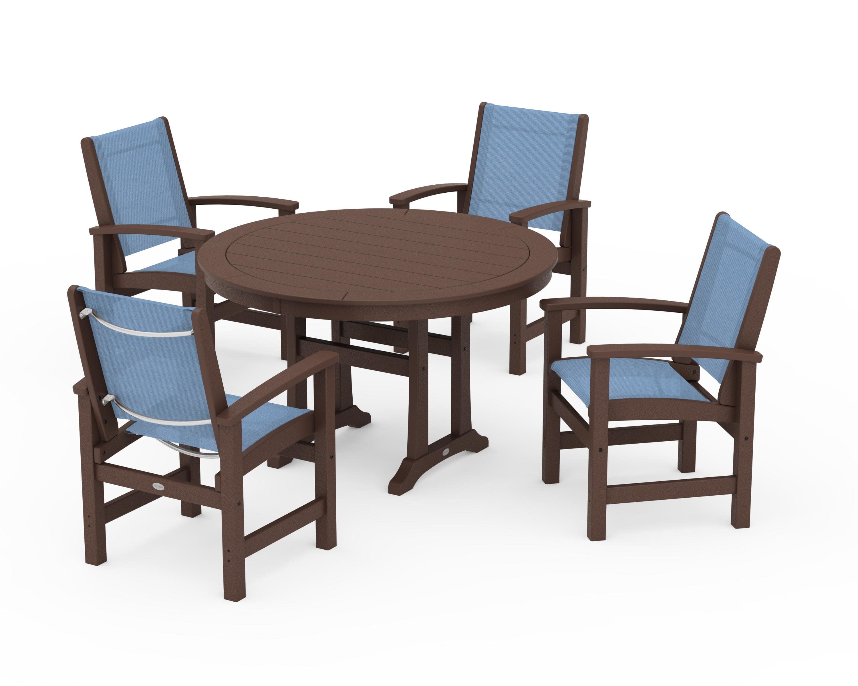 Coastal 5-Piece Round Dining Set with Trestle Legs in Mahogany / Poolside Sling