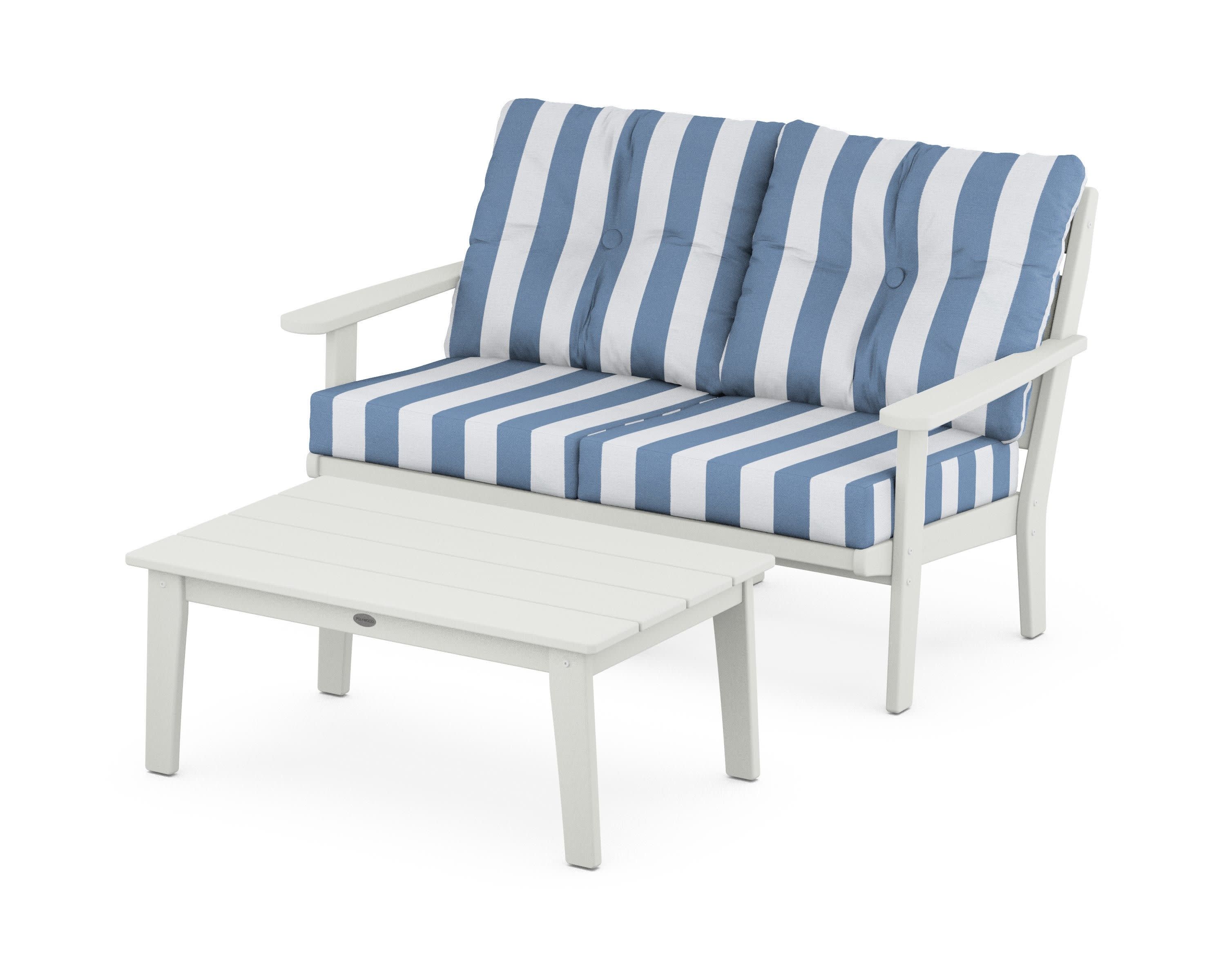 Lakeside 2-Piece Lounge Loveseat Set in Vintage White / Cabana Stripe Sky Blue