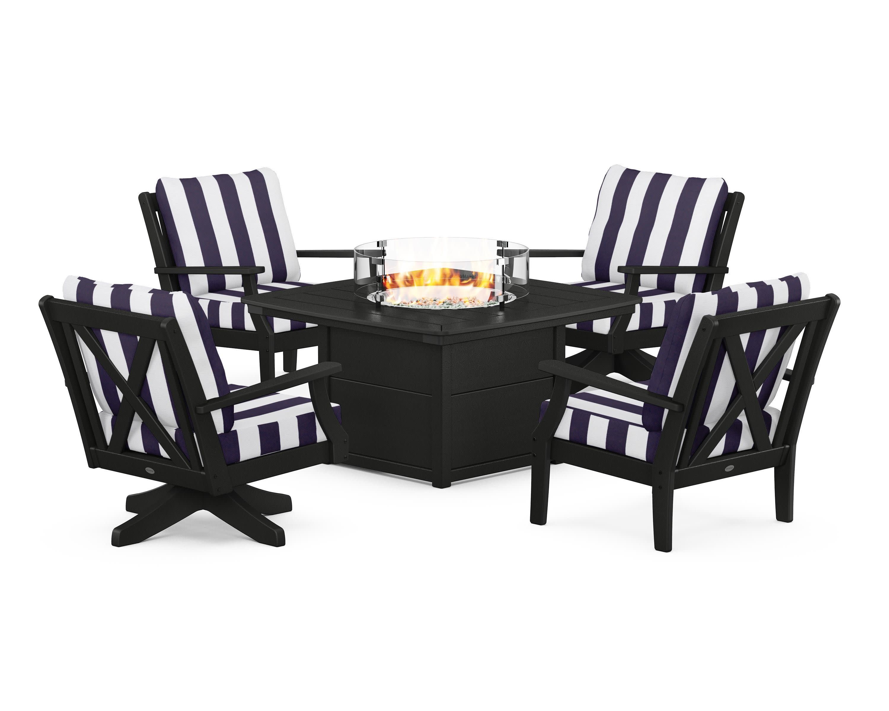 Braxton 5-Piece Deep Seating Set with Fire Table in Black / Cabana Stripe Navy