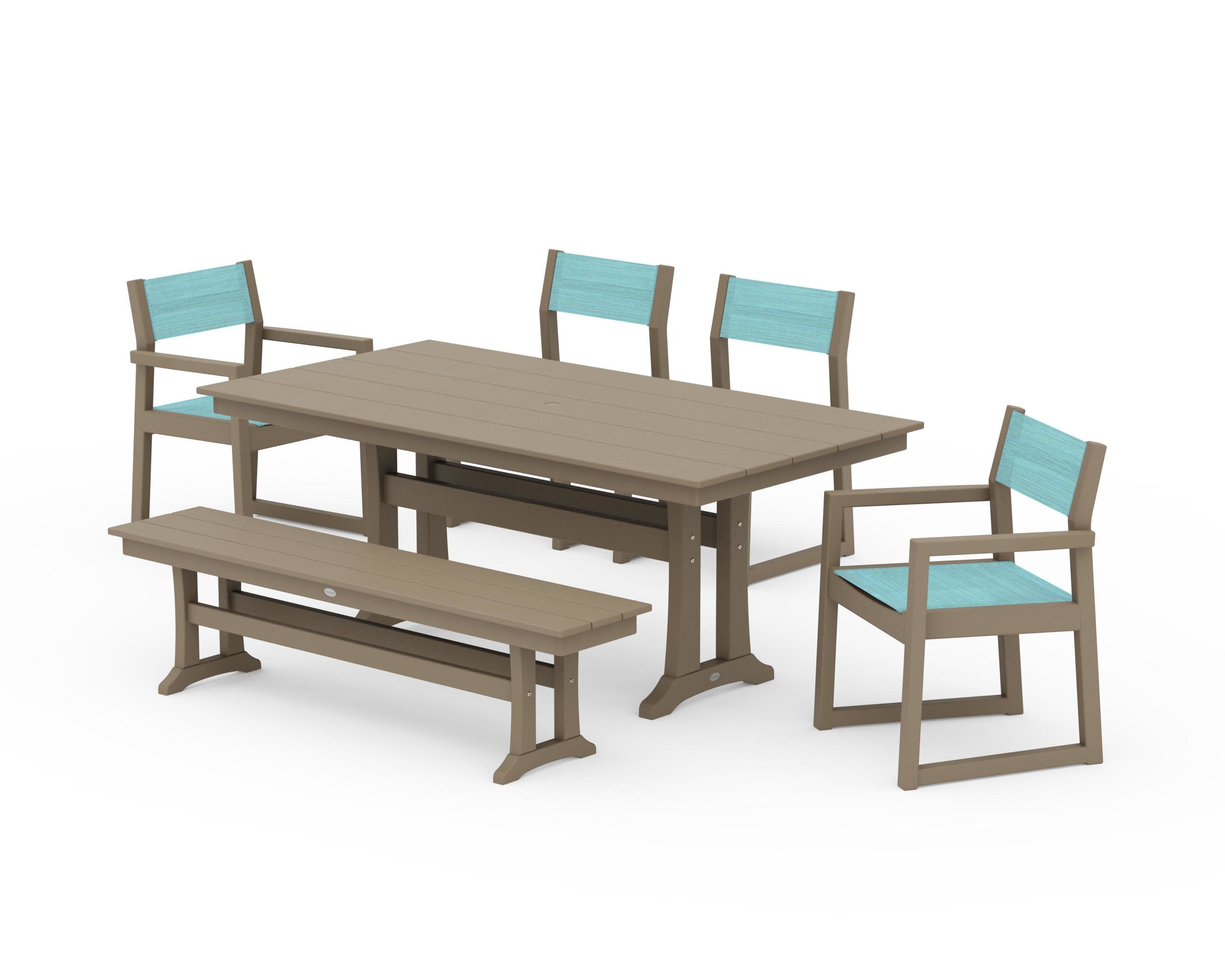 EDGE Sling 6-Piece Farmhouse Dining Set With Trestle Legs in Vintage Sahara / Dupioni Aquamarine Sling