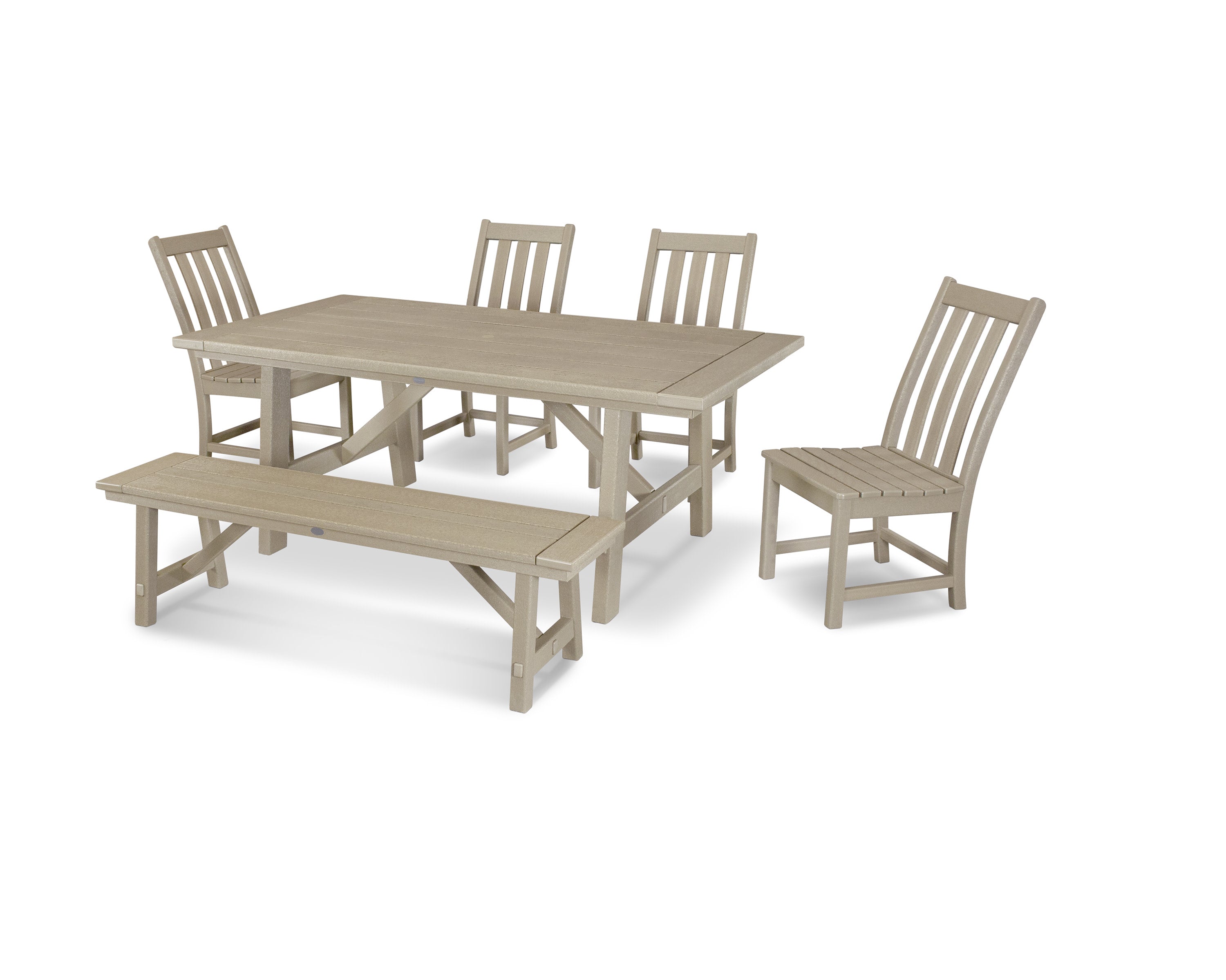 Vineyard 6-Piece Rustic Farmhouse Side Chair Dining Set with Bench in Vintage Sahara