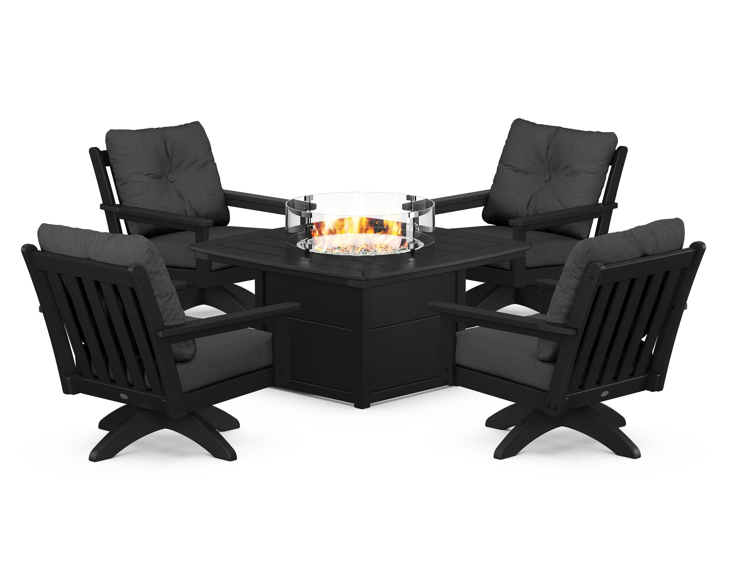 Vineyard 5-Piece Deep Seating Swivel Conversation Set with Fire Pit Table in Black / Spectrum Carbon