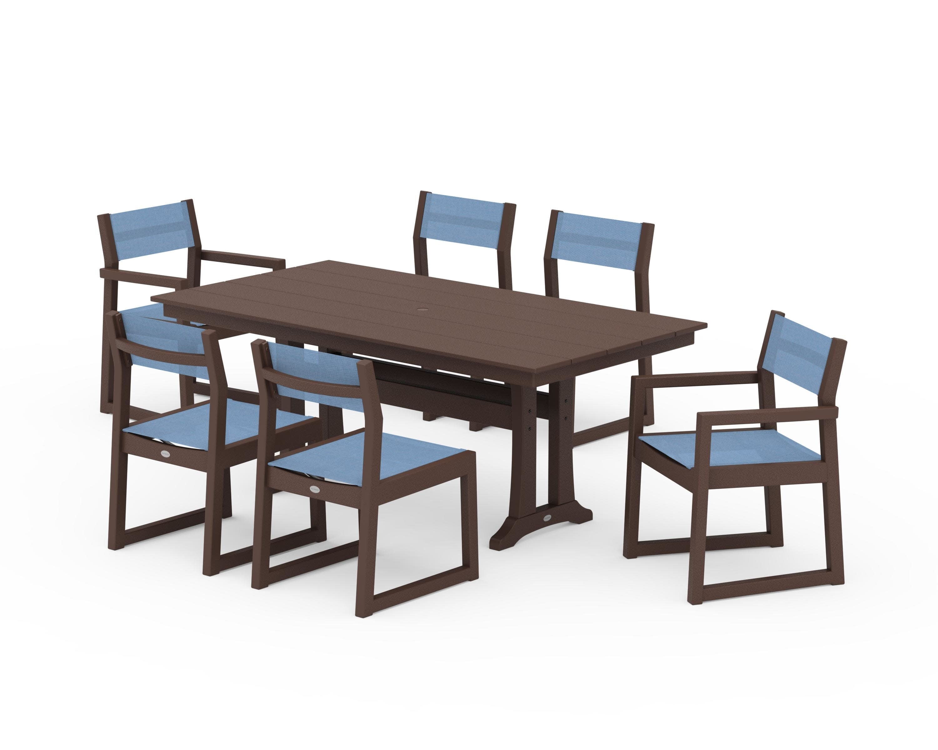 EDGE Sling 7-Piece Farmhouse Trestle Dining Set in Mahogany / Poolside Sling