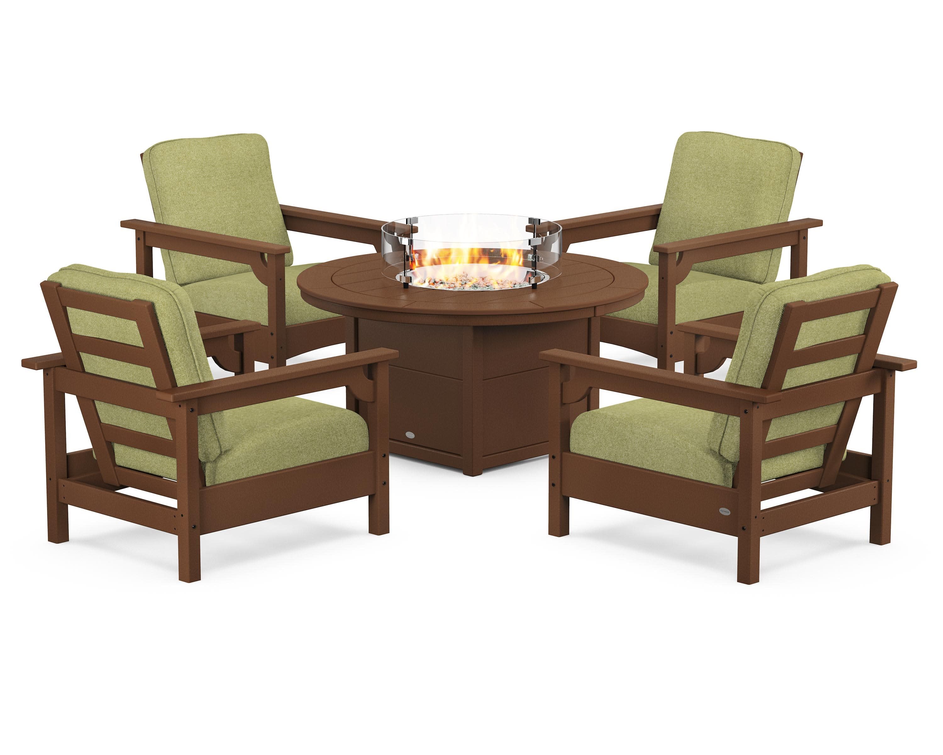 Club 5-Piece Conversation Set with Fire Pit Table in Teak / Chartreuse Boucle