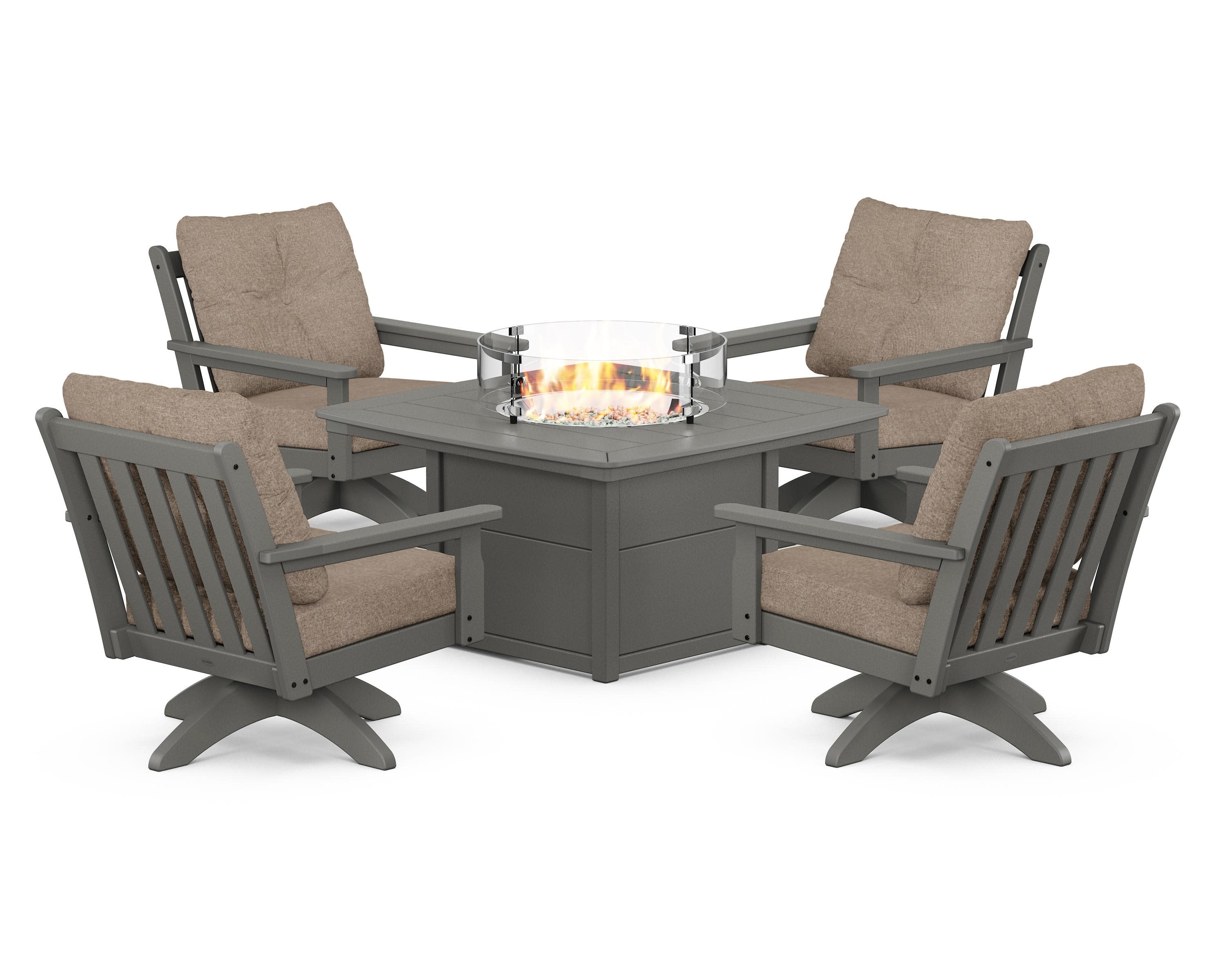 Vineyard 5-Piece Deep Seating Swivel Conversation Set with Fire Pit Table in Slate Grey / Spiced Burlap