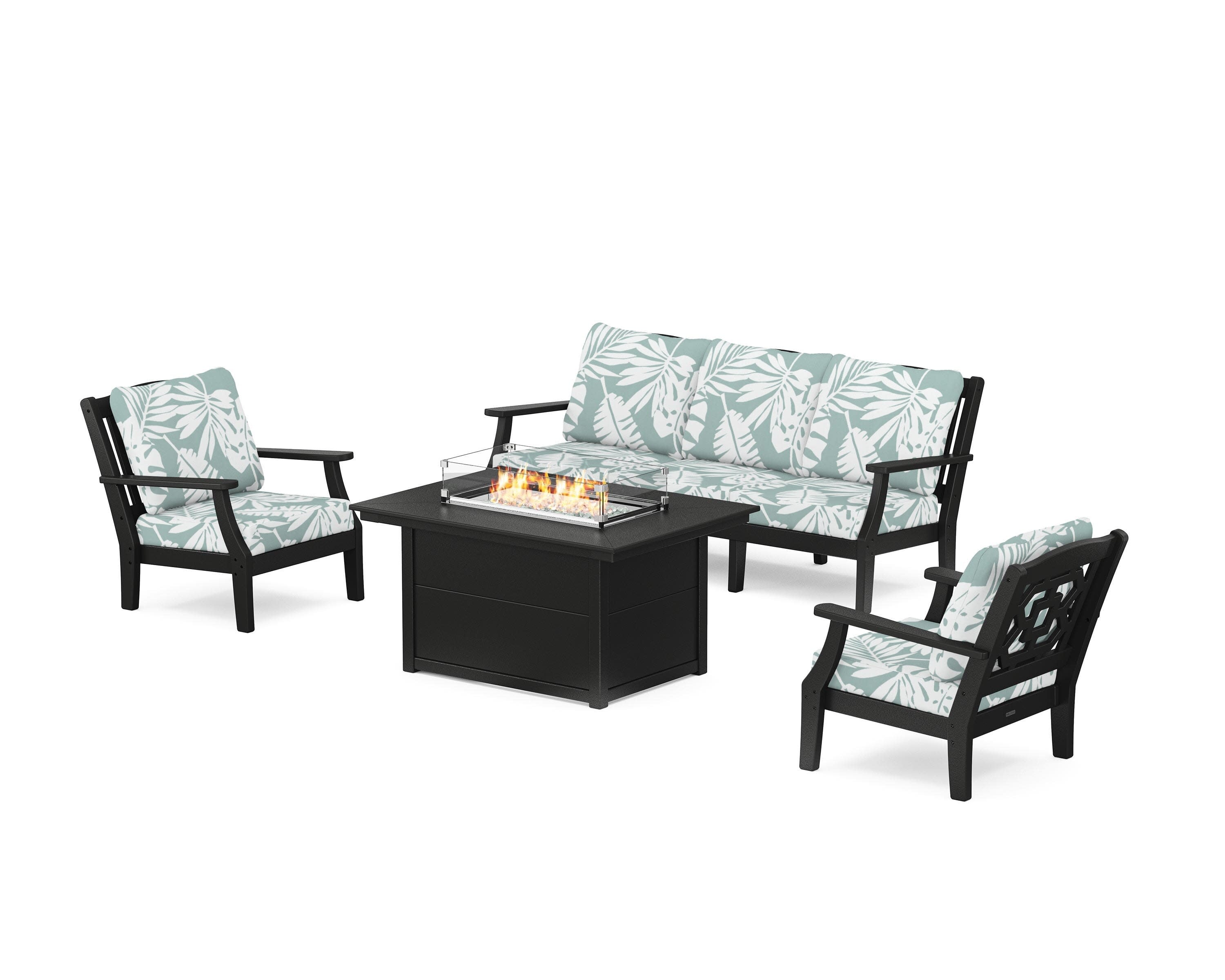 Chinoiserie Deep Seating Fire Pit Table Set in Black / Leaf Glacier Spa