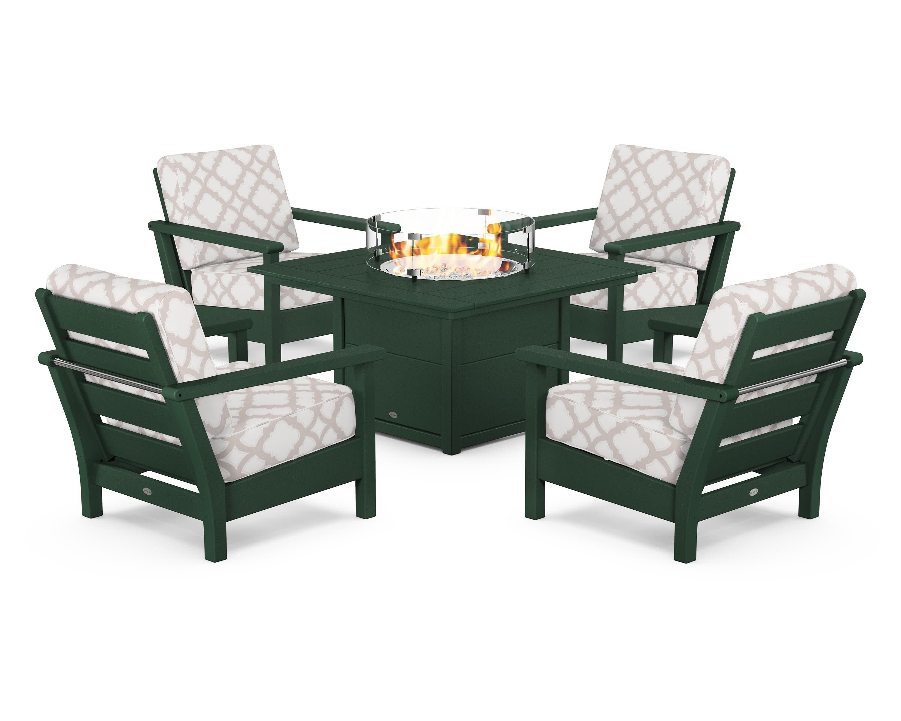 Harbour 5-Piece Conversation Set with Fire Pit Table in Green / Trellis Dune Burlap