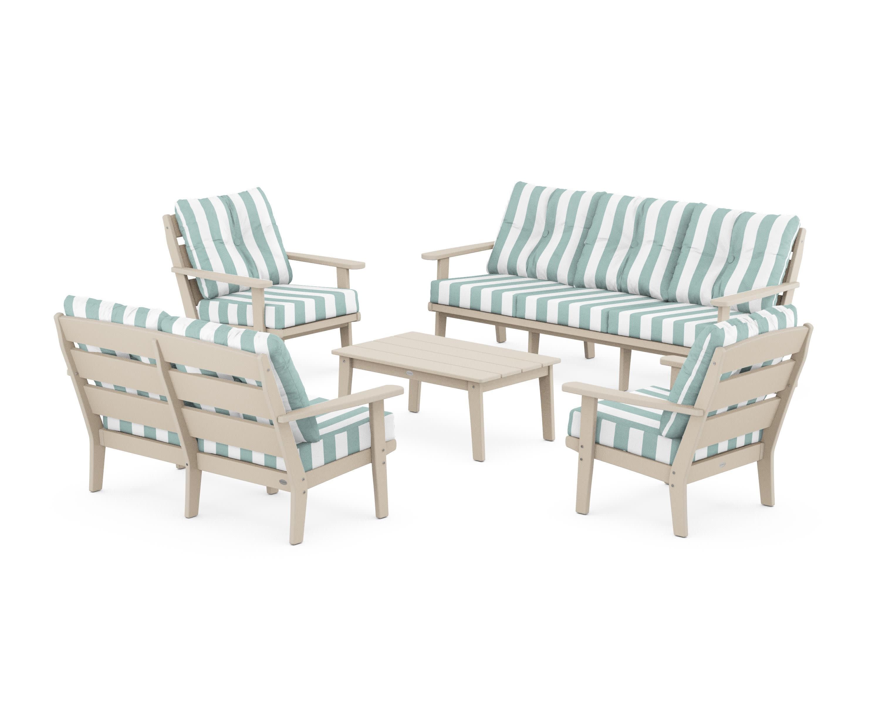 Lakeside 5-Piece Lounge Sofa Set in Sand / Cabana Stripe Glacier Spa