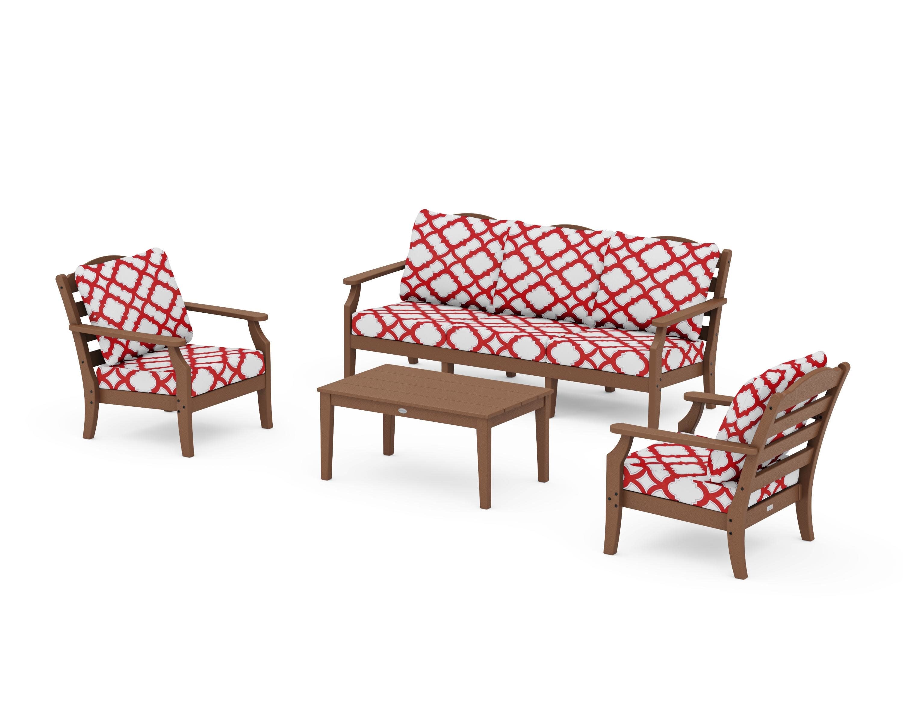 Savannah 4-Piece Deep Seating Set with Sofa in Teak / Trellis Crimson