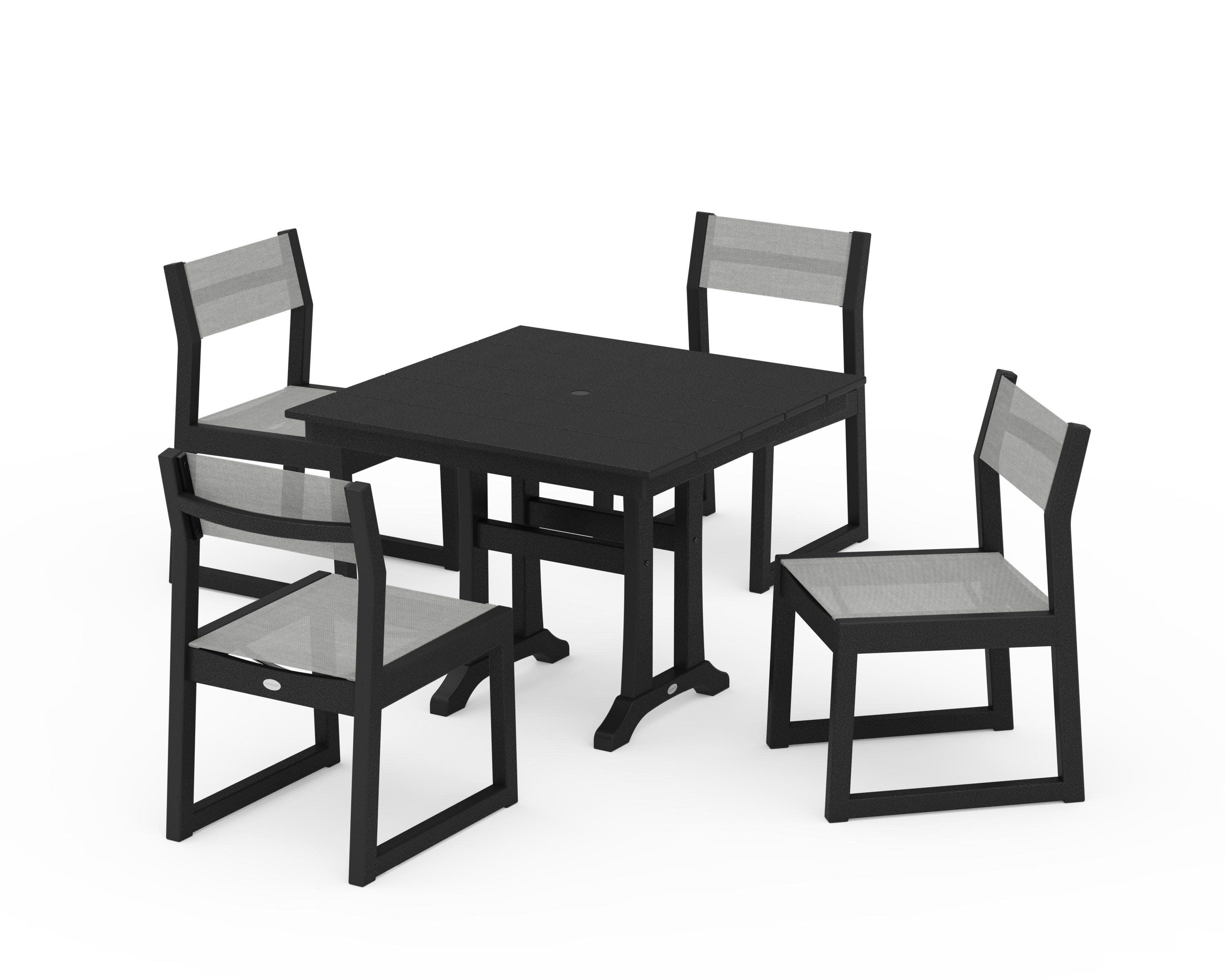 EDGE Sling 5-Piece Farmhouse Trestle Side Chair Dining Set in Black / Metallic Sling