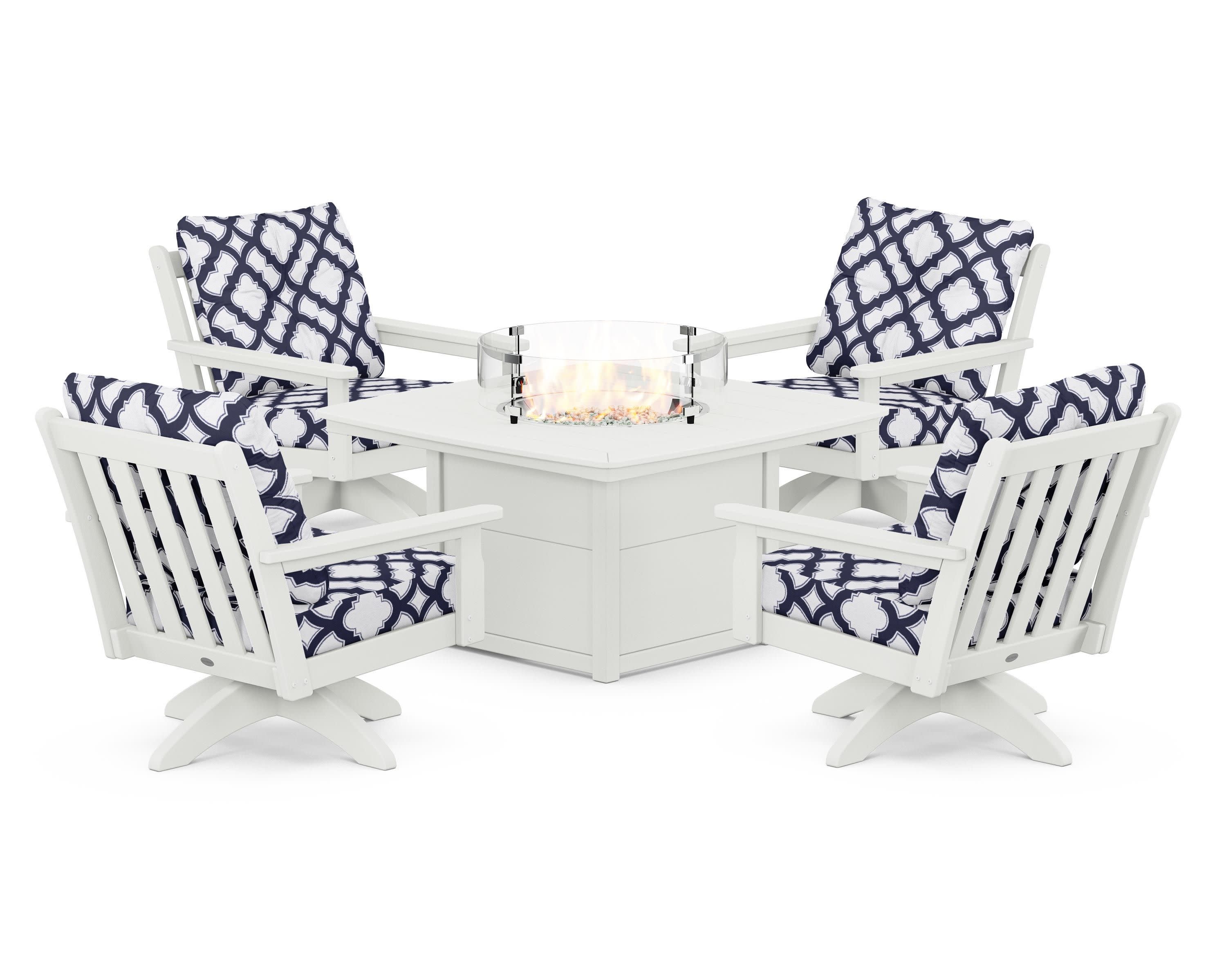 Vineyard 5-Piece Deep Seating Swivel Conversation Set with Fire Pit Table in Vintage White / Trellis Navy