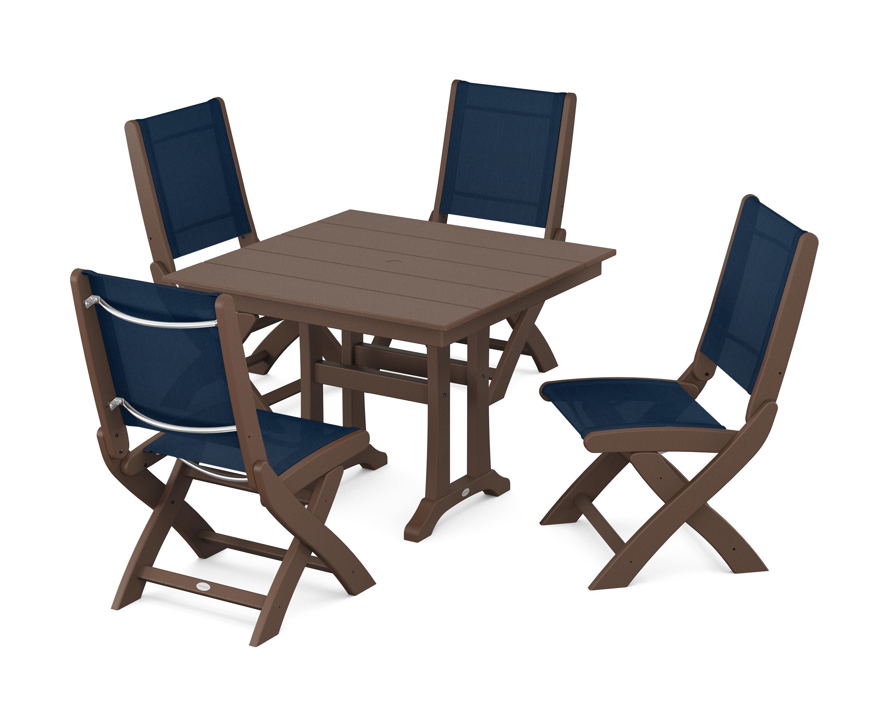 Coastal Folding Side Chair 5-Piece Farmhouse Dining Set With Trestle Legs in Mahogany / Navy Blue Sling