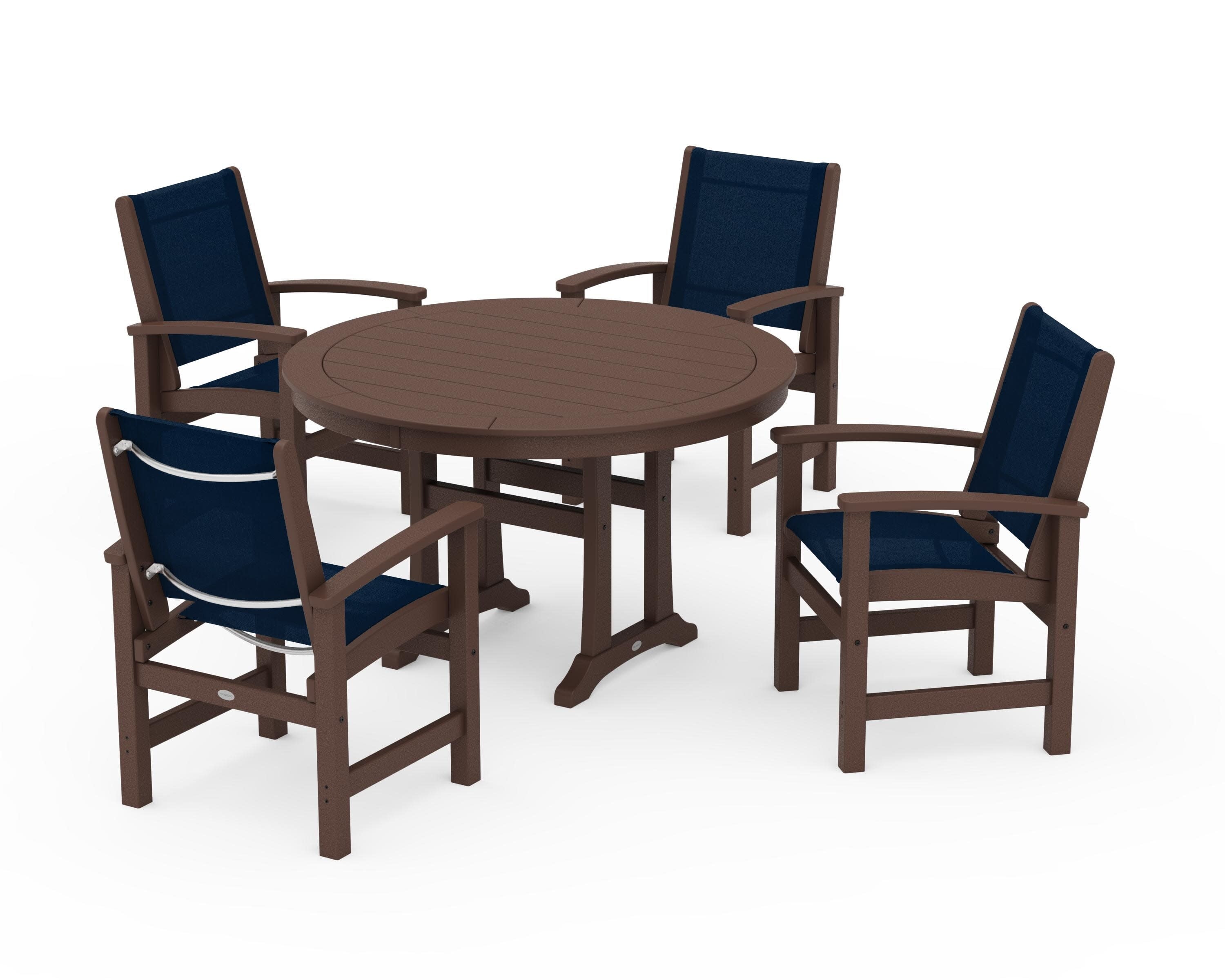 Coastal 5-Piece Round Dining Set with Trestle Legs in Mahogany / Navy Blue Sling