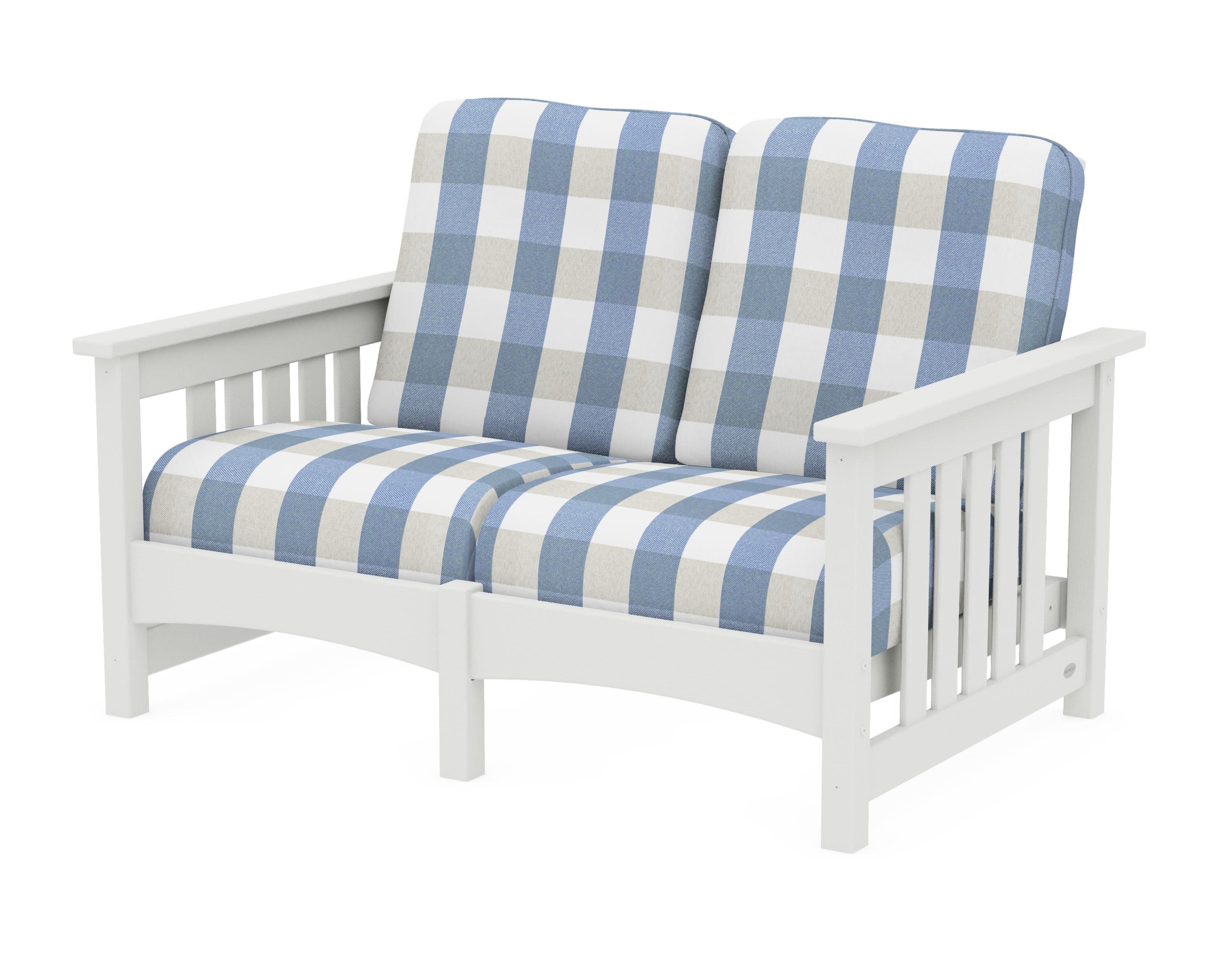 Club Mission Loveseat in Vintage White / Buffalo Plaid Sky Blue