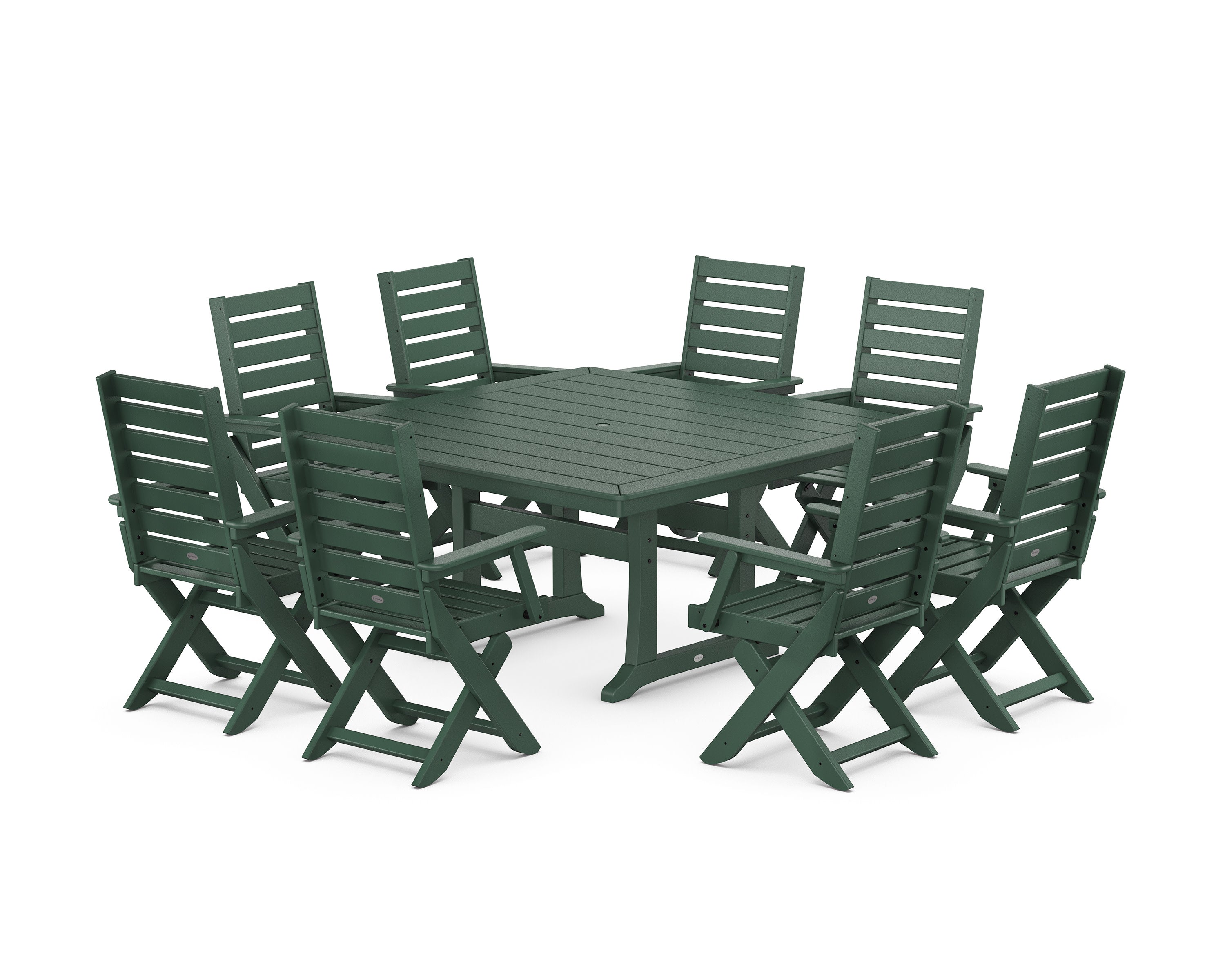 Captain Folding Chair 9-Piece Square Dining Set with Trestle Legs in Green
