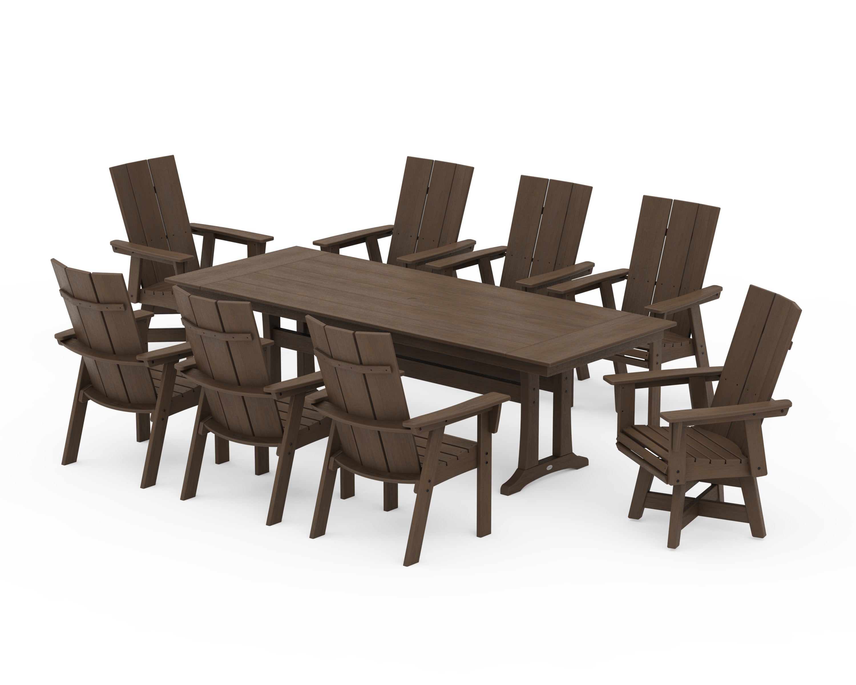 Modern Curveback Adirondack Swivel 9-Piece Farmhouse Dining Set with Trestle Legs in Kona