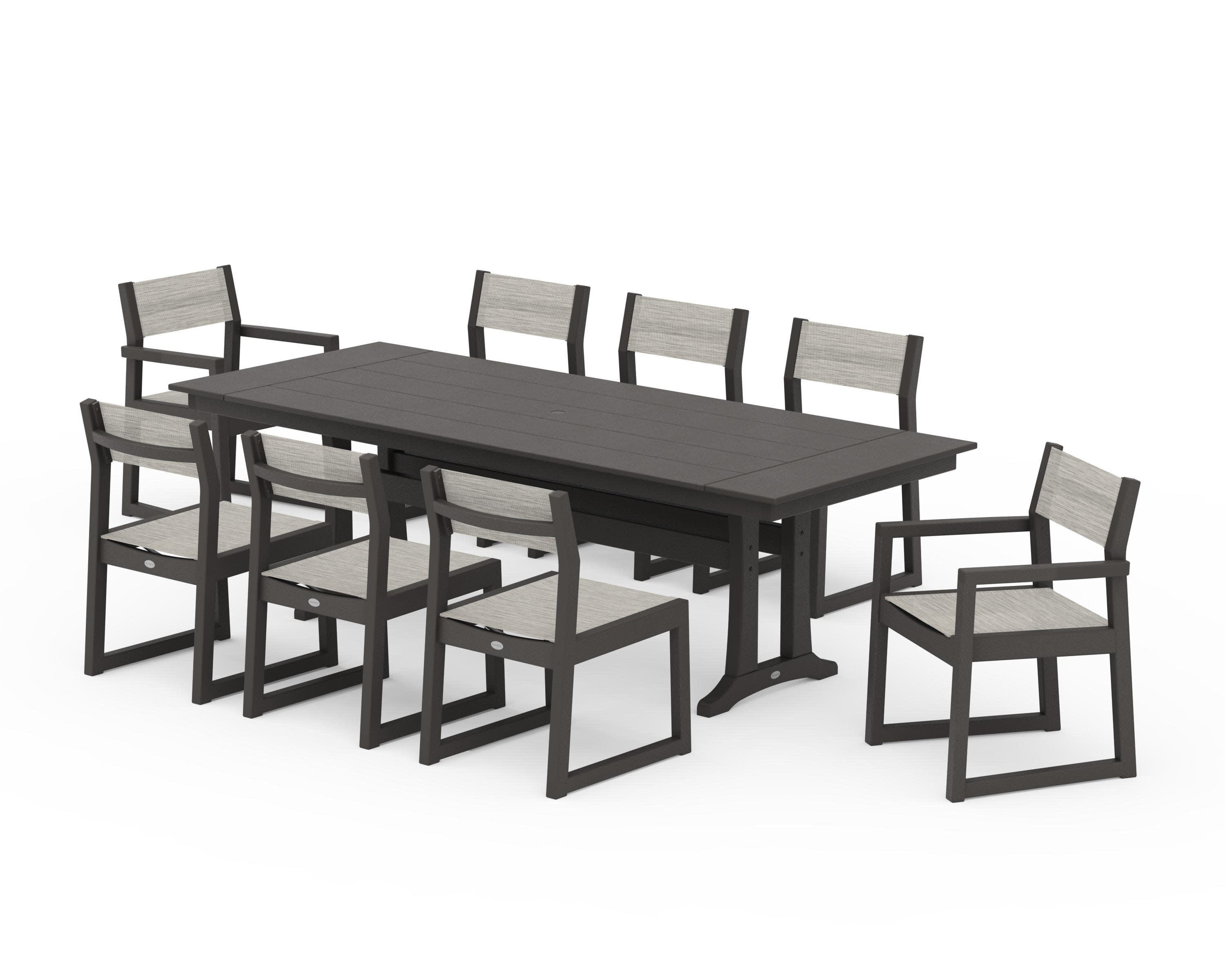 EDGE Sling 9-Piece Farmhouse Trestle Dining Set in Vintage Coffee / Birch Sling