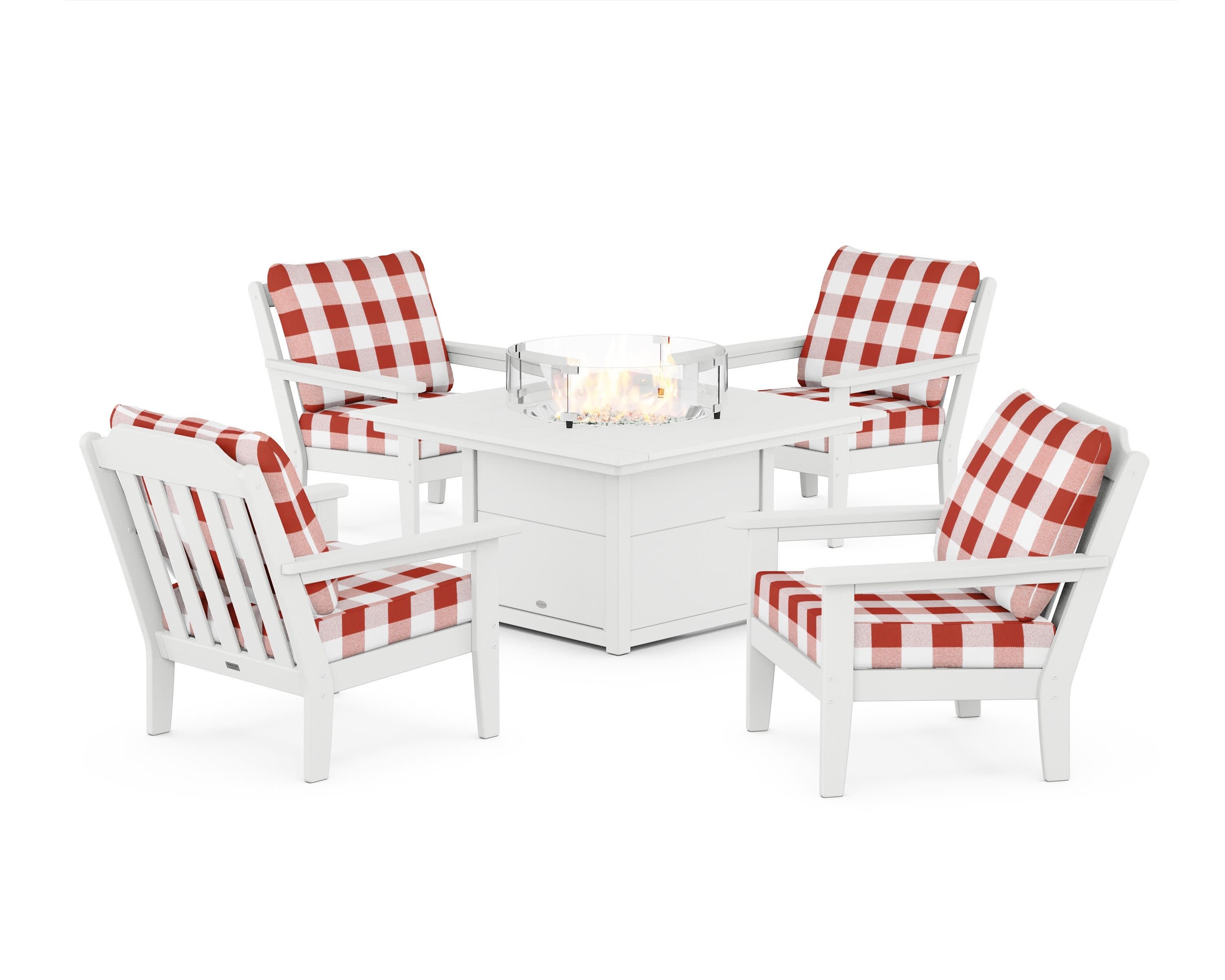 Cottage 5-Piece Deep Seating Set with Fire Pit Table in White / Buffalo Plaid Crimson