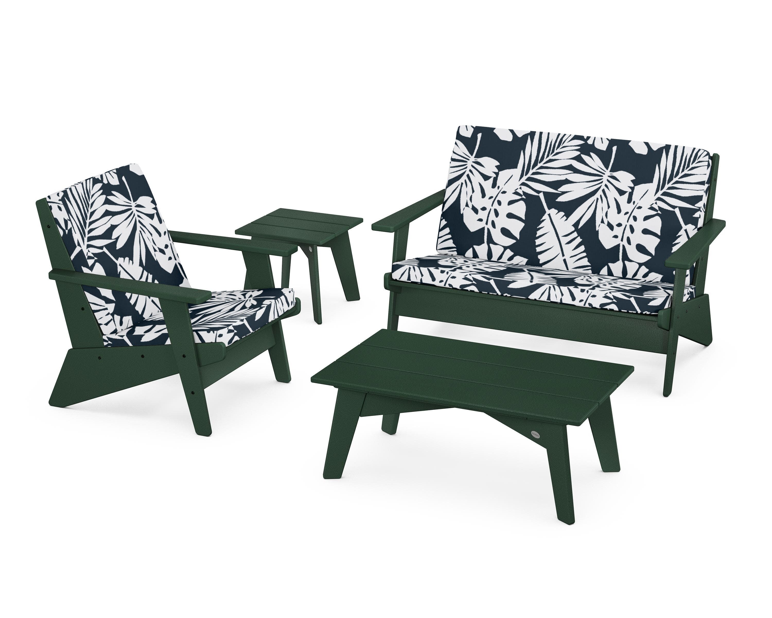 Riviera Modern Lounge 4-Piece Set in Green / Leaf Marine Indigo