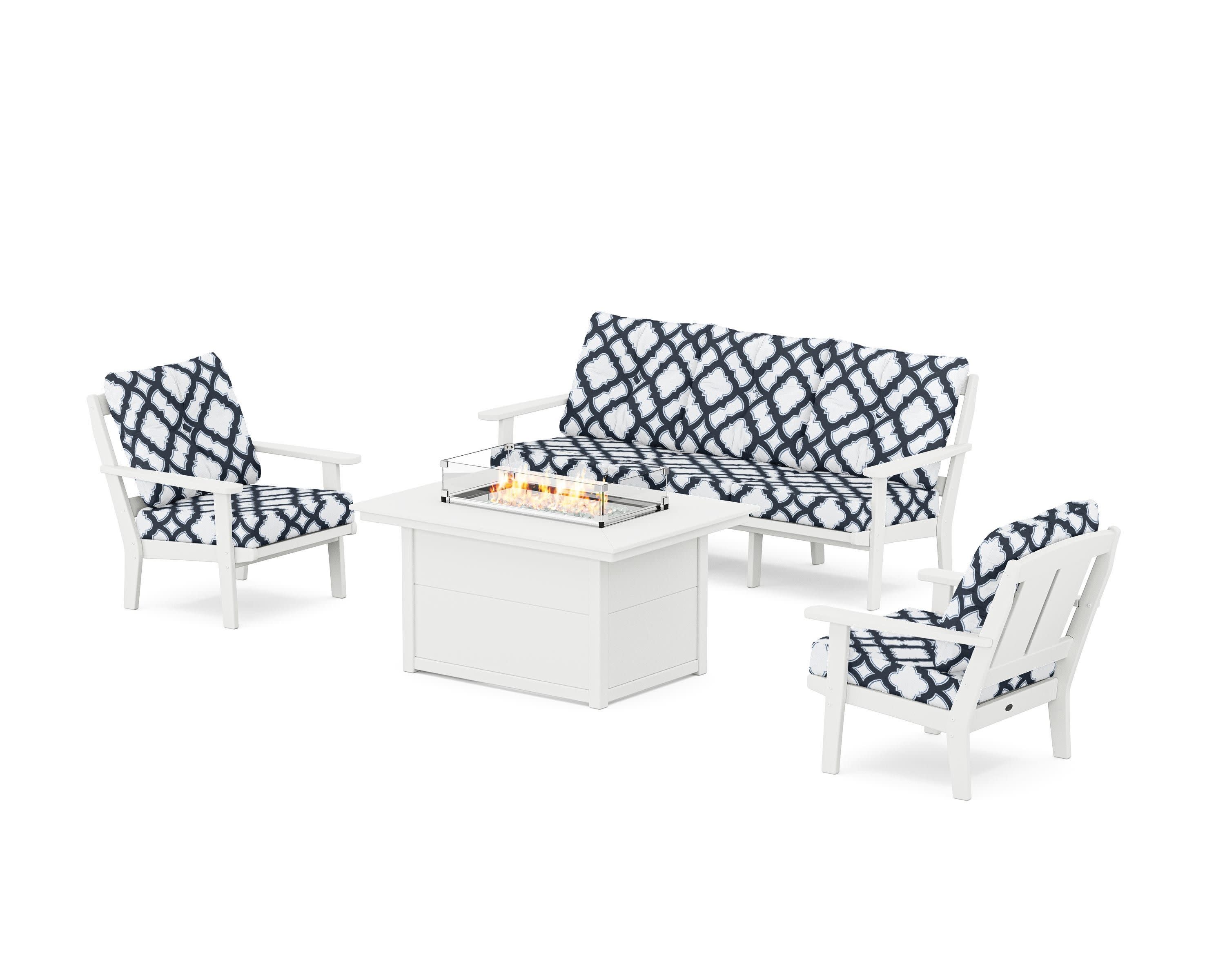 Mission Deep Seating Fire Pit Table Set in White / Trellis Marine Indigo