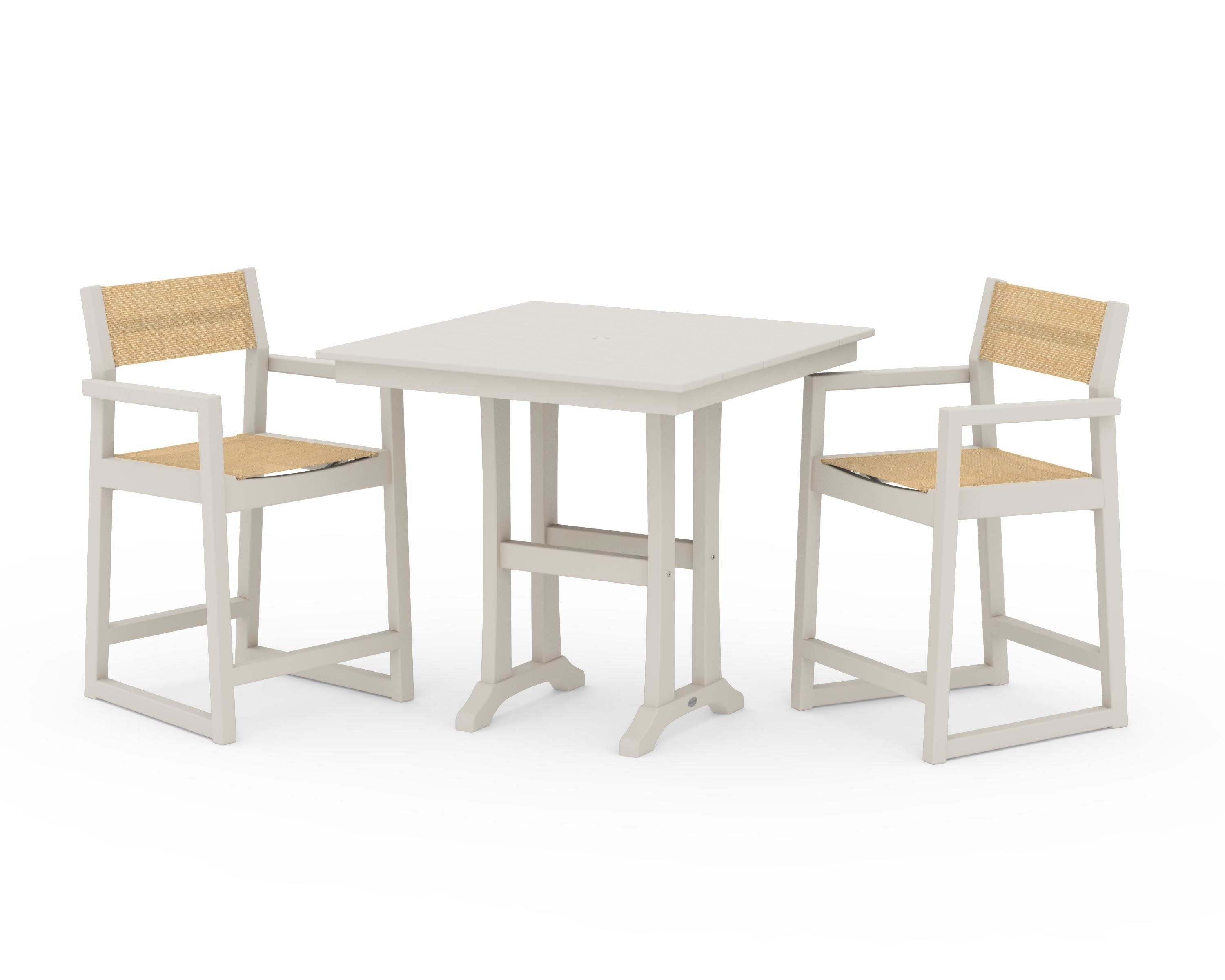 EDGE Sling Arm Chair 3-Piece Farmhouse Counter Set with Trestle Legs in Sand / Dupioni Apricot Sling