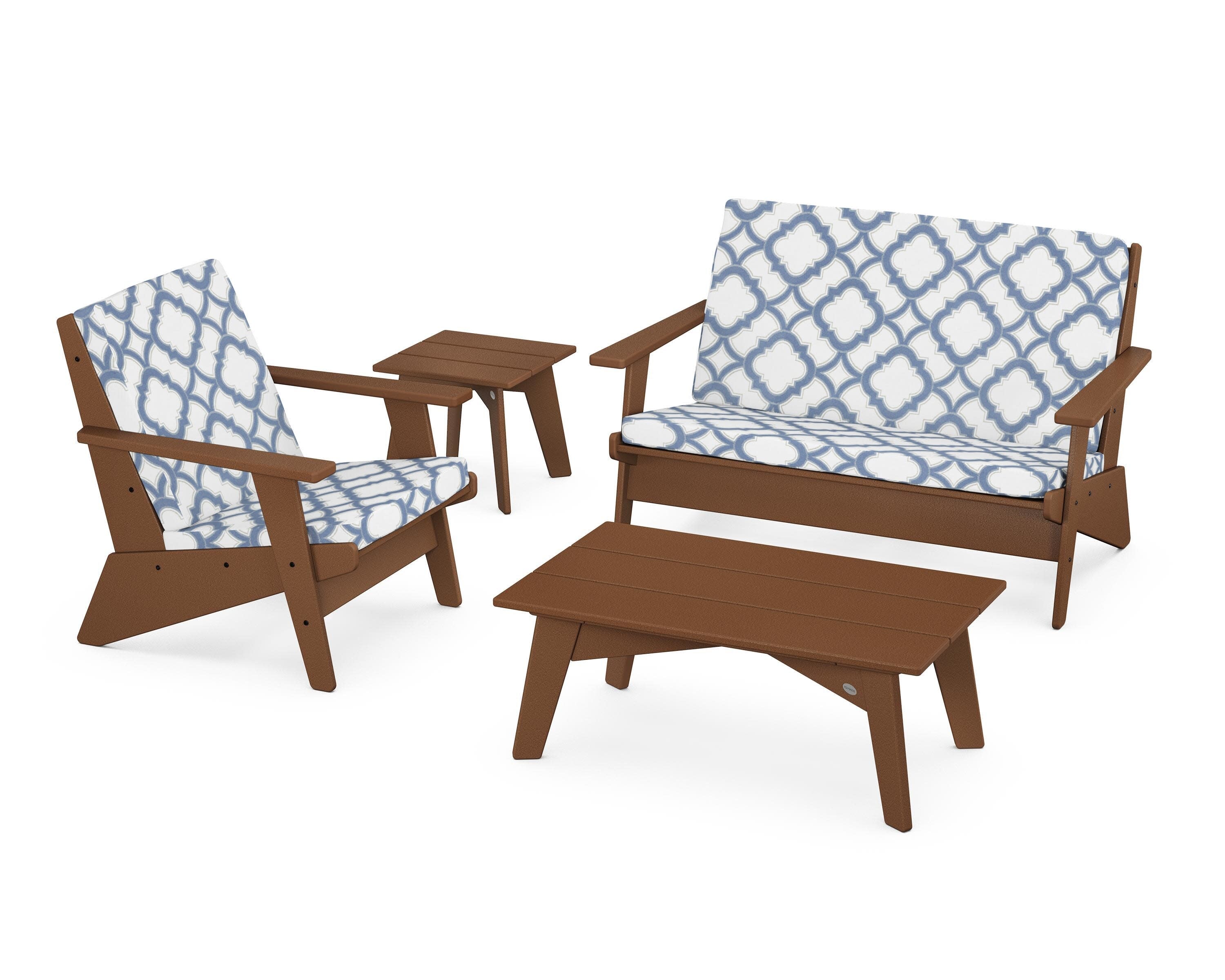 Riviera Modern Lounge 4-Piece Set in Teak / Trellis Sky Blue