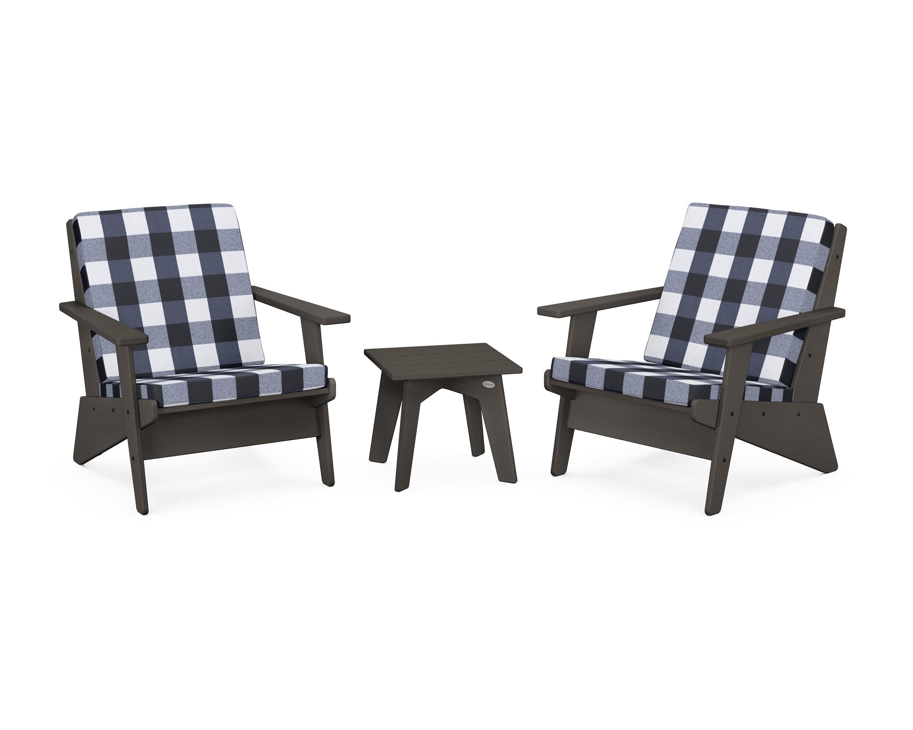 Riviera Modern Lounge 3-Piece Set in Vintage Coffee / Buffalo Plaid Marine Indigo