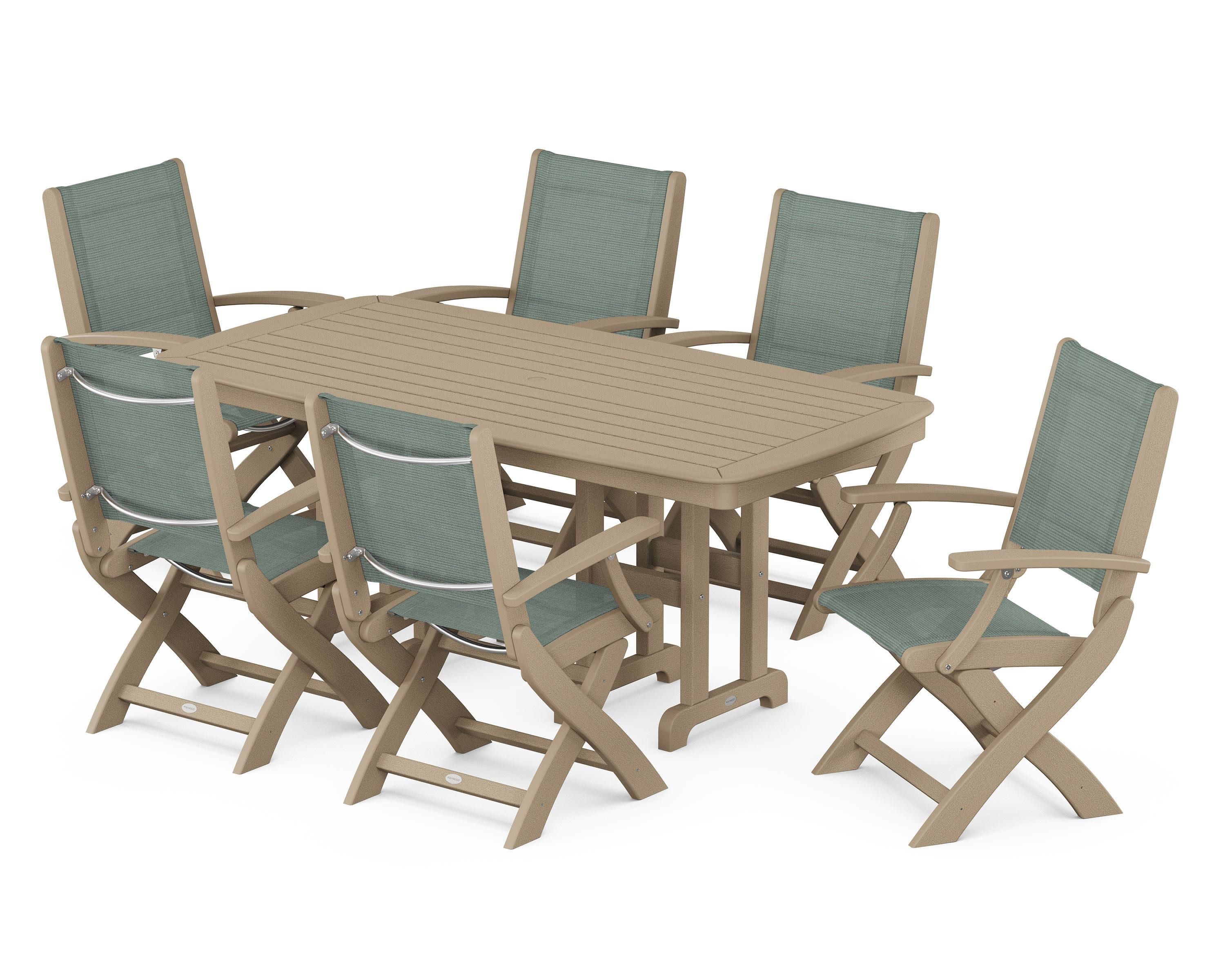 Coastal Folding Arm Chair 7-Piece Dining Set in Vintage Sahara / Dupioni Sea Mist Sling
