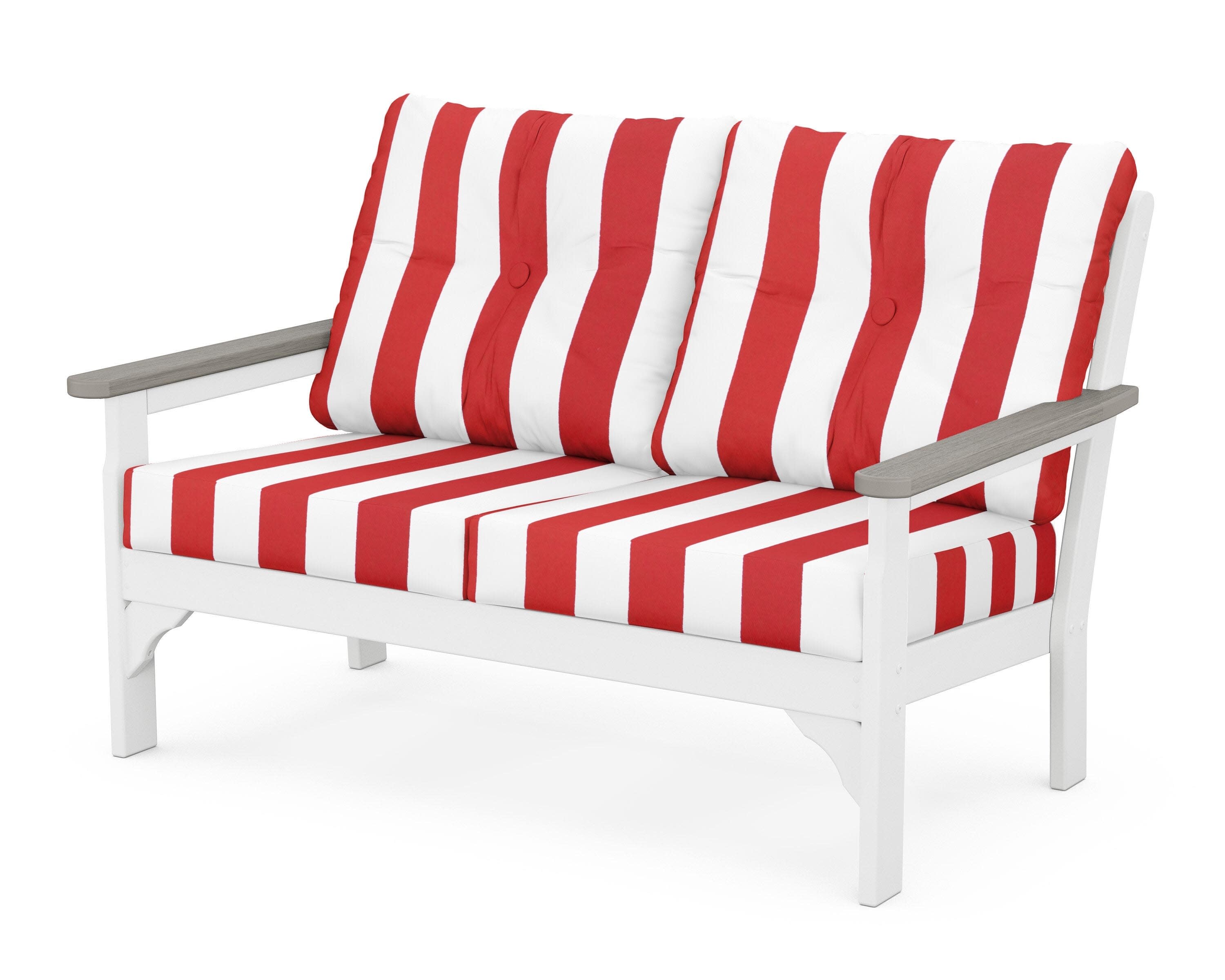 Vineyard Deep Seating Loveseat in White / Driftwood / Cabana Stripe Crimson