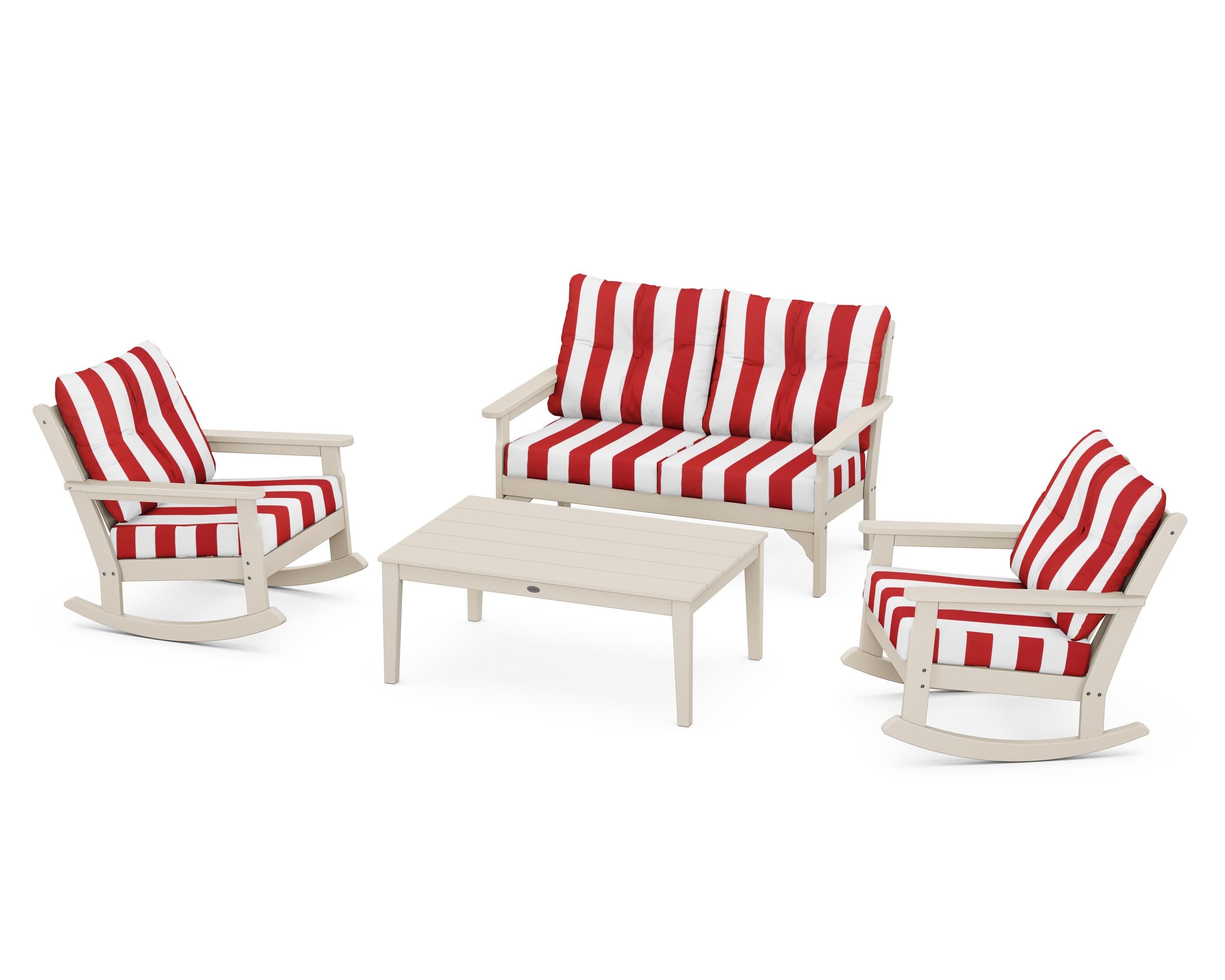 Vineyard 4-Piece Deep Seating Rocking Chair Set in Sand / Cabana Stripe Crimson
