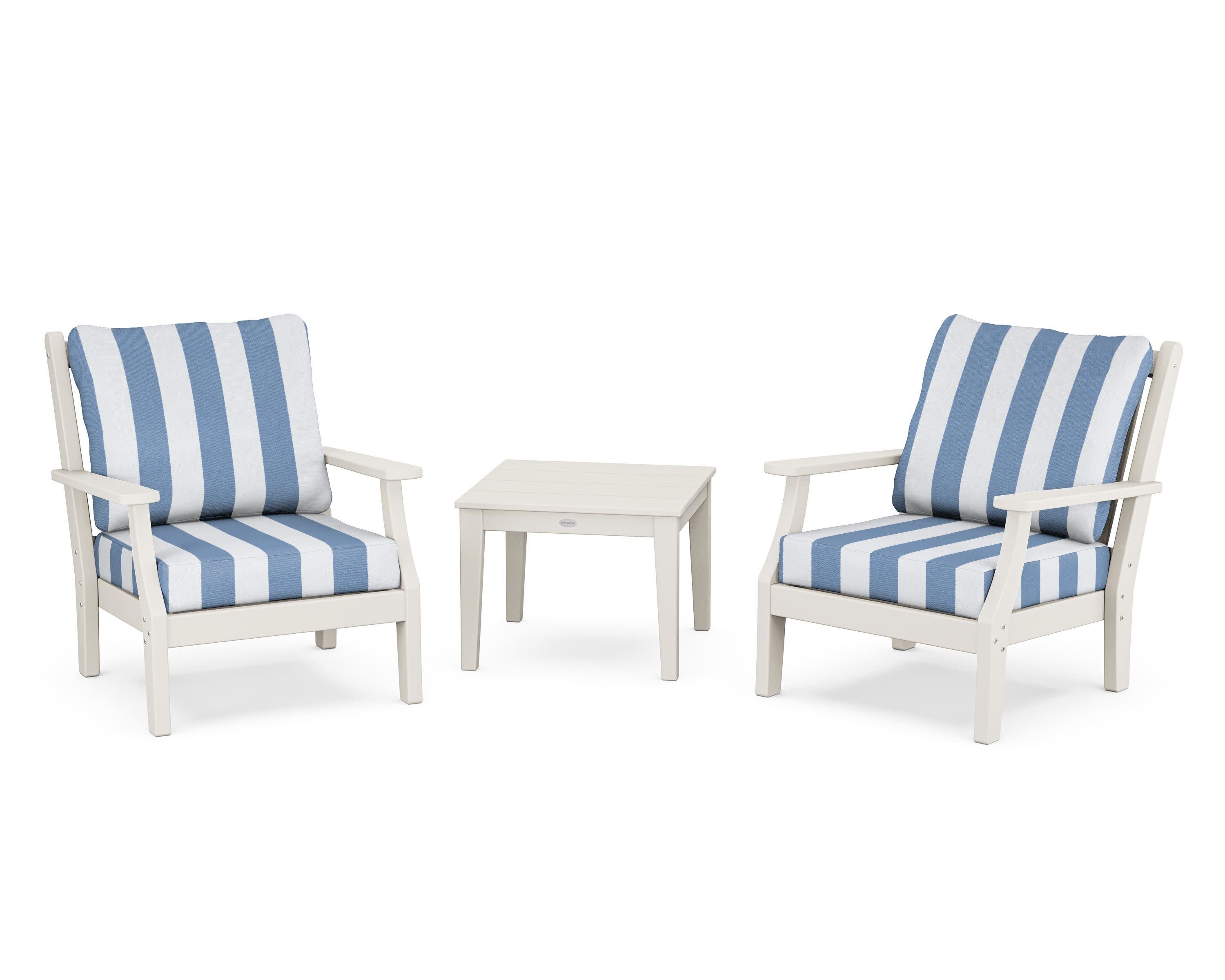 Wovendale 3-Piece Deep Seating Set in Sand / Cabana Stripe Sky Blue