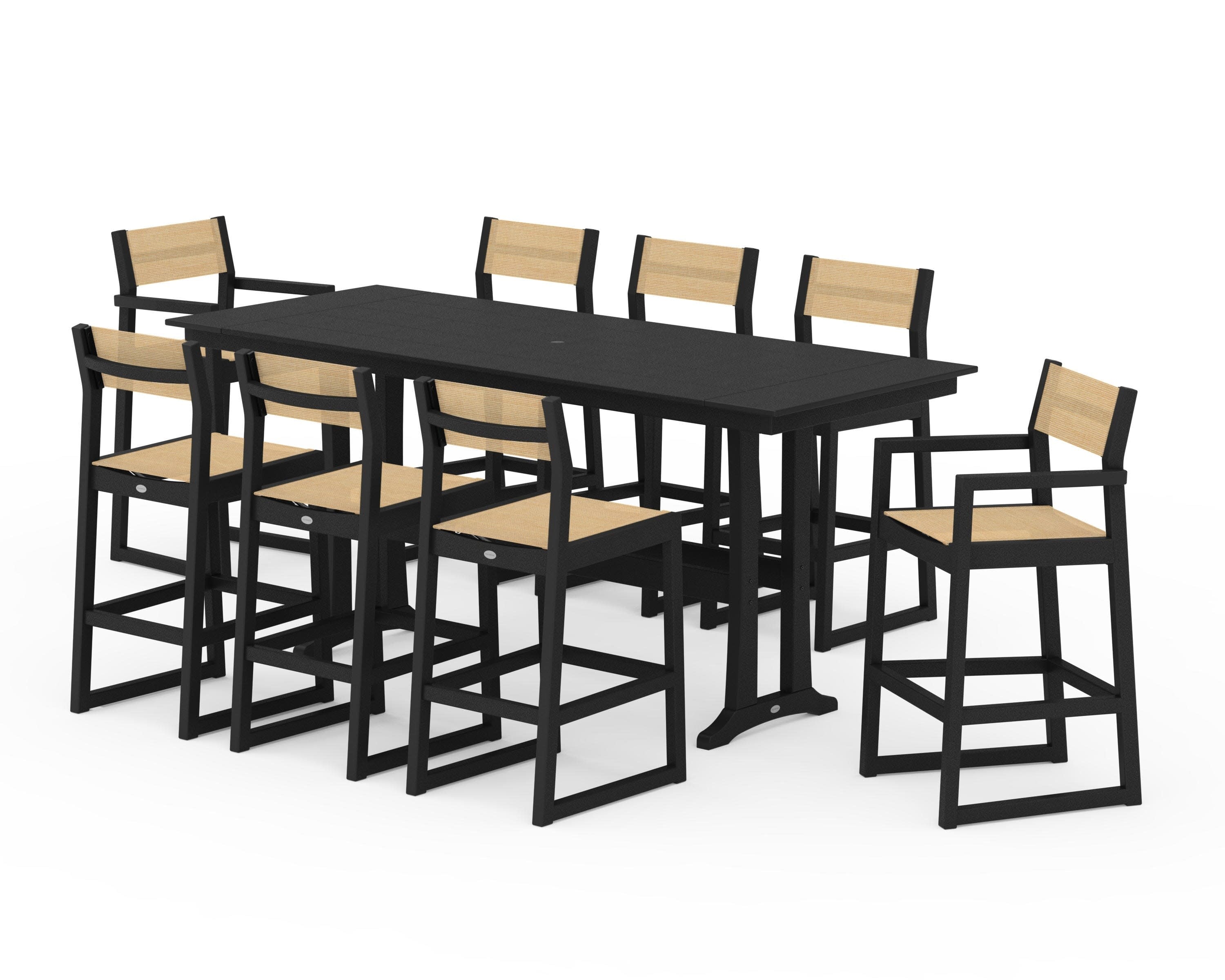 EDGE Sling 9-Piece Farmhouse Bar Set with Trestle Legs in Black / Dupioni Apricot Sling