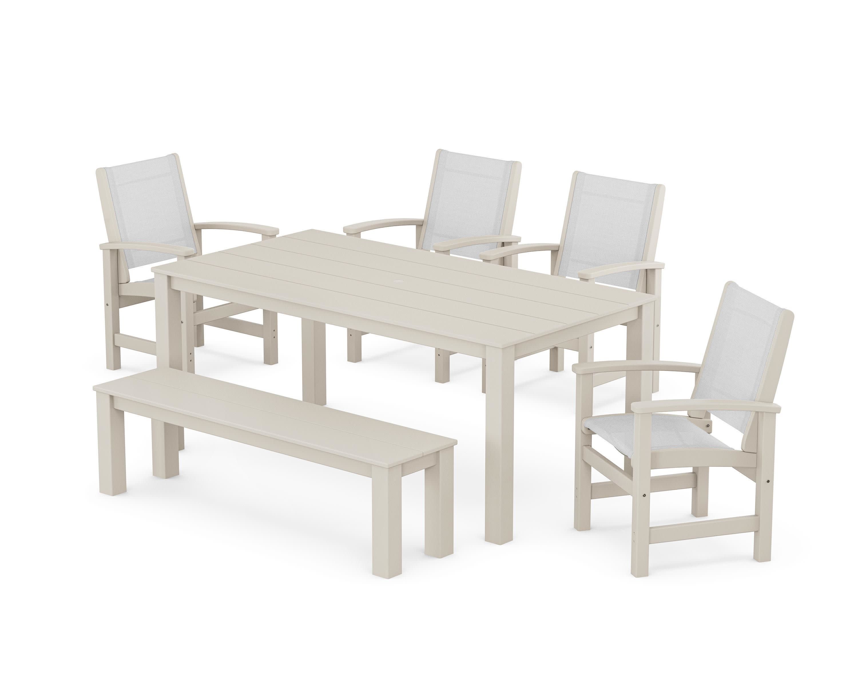 Coastal 6-Piece Parsons Dining Set with Bench in Sand / White Sling