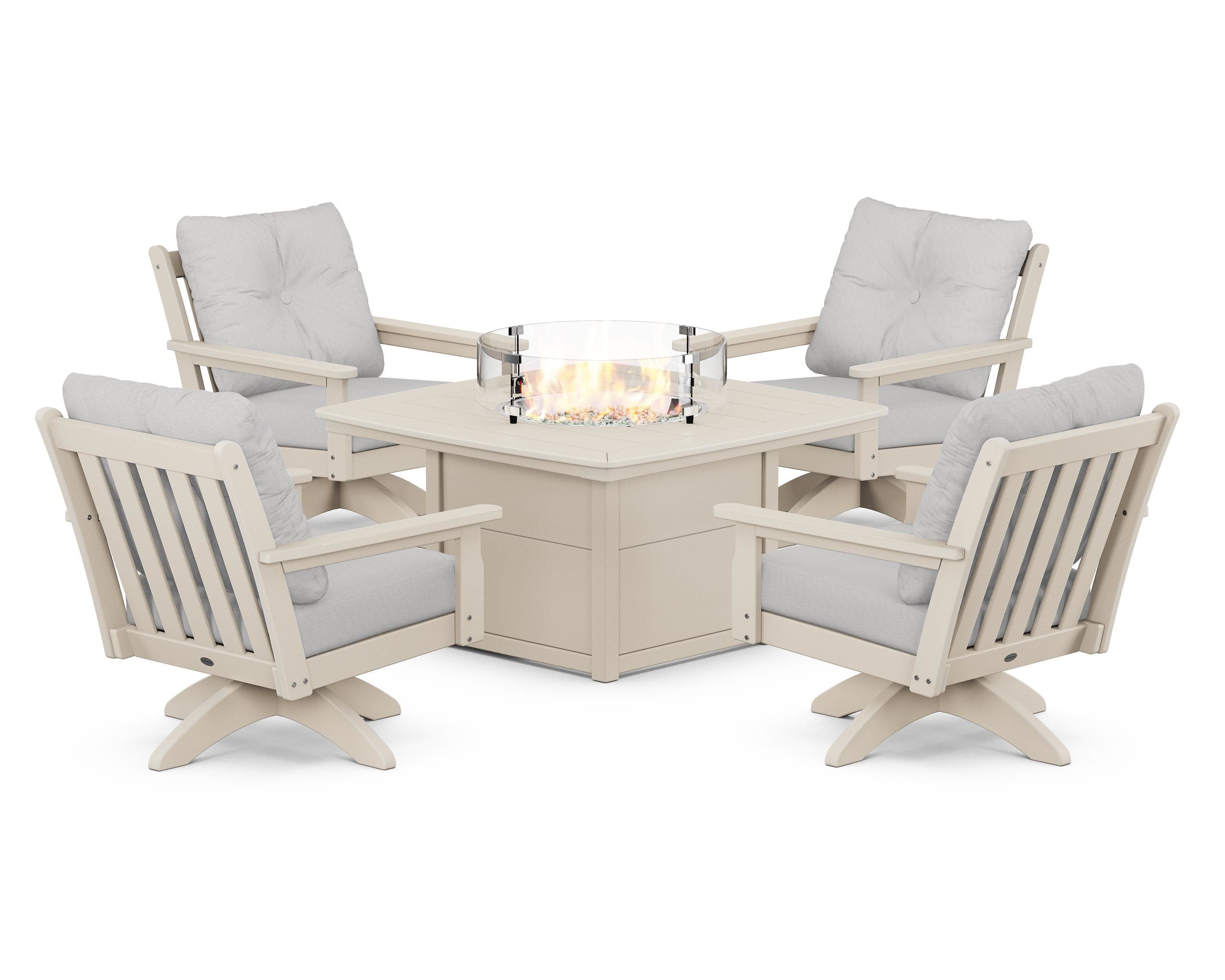 Vineyard 5-Piece Deep Seating Swivel Conversation Set with Fire Pit Table in Sand / Diamond in the Rough