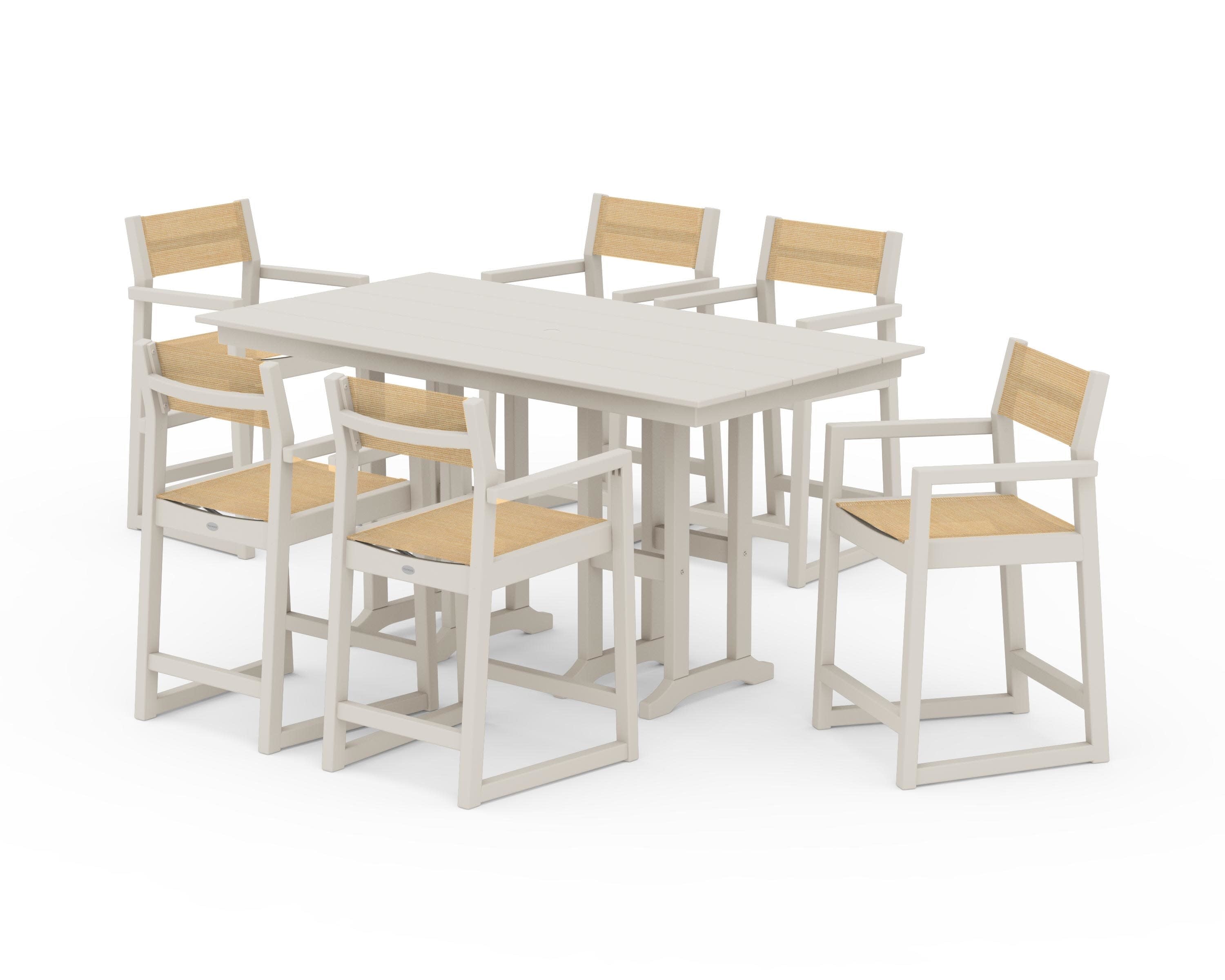 EDGE Sling Arm Chair 7-Piece Farmhouse Counter Set in Sand / Dupioni Apricot Sling