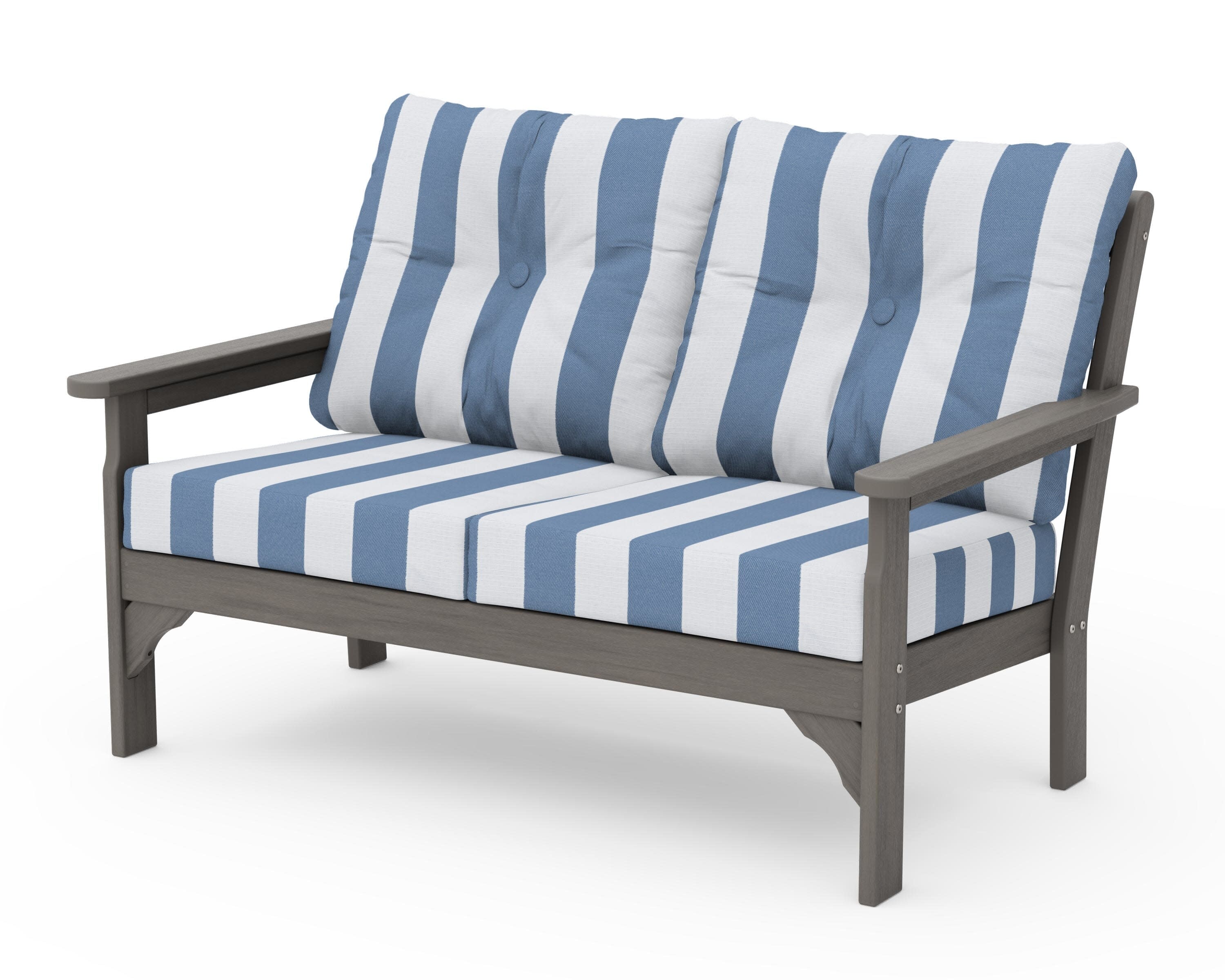 Vineyard Deep Seating Loveseat in Driftwood / Cabana Stripe Sky Blue