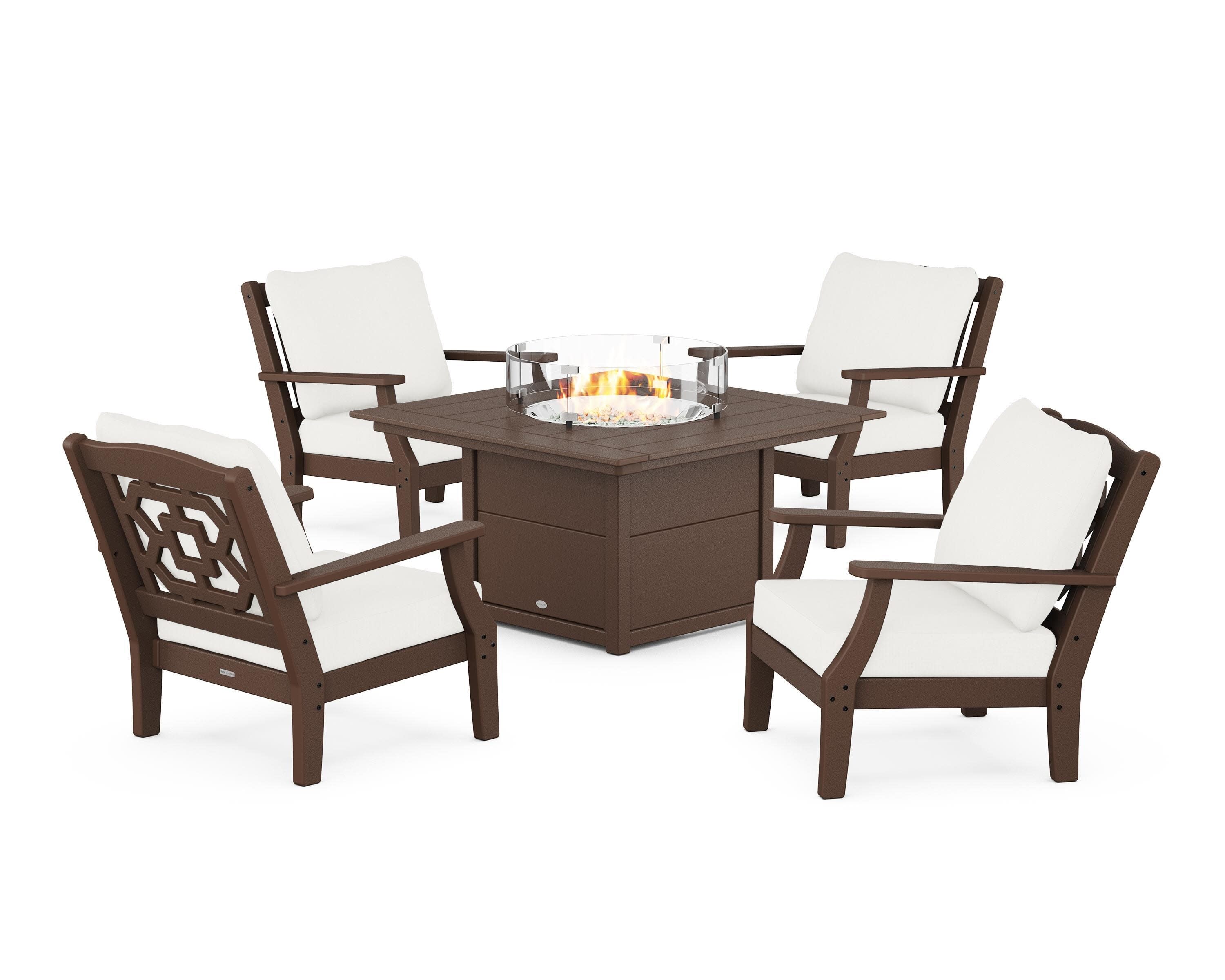 Chinoiserie 5-Piece Deep Seating Set with Fire Pit Table in Mahogany / Natural Linen