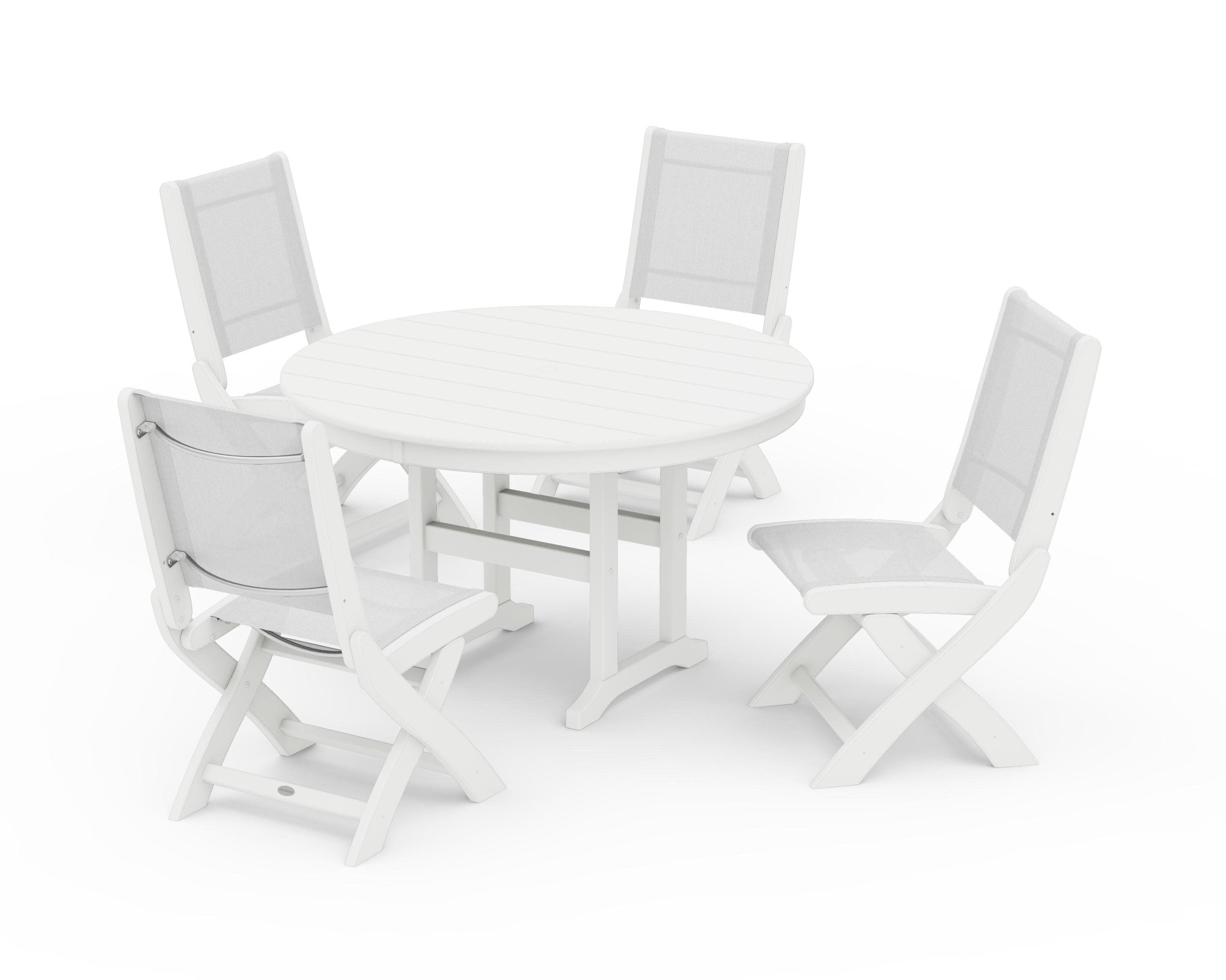 Coastal Folding Side Chair 5-Piece Round Dining Set in White / White Sling