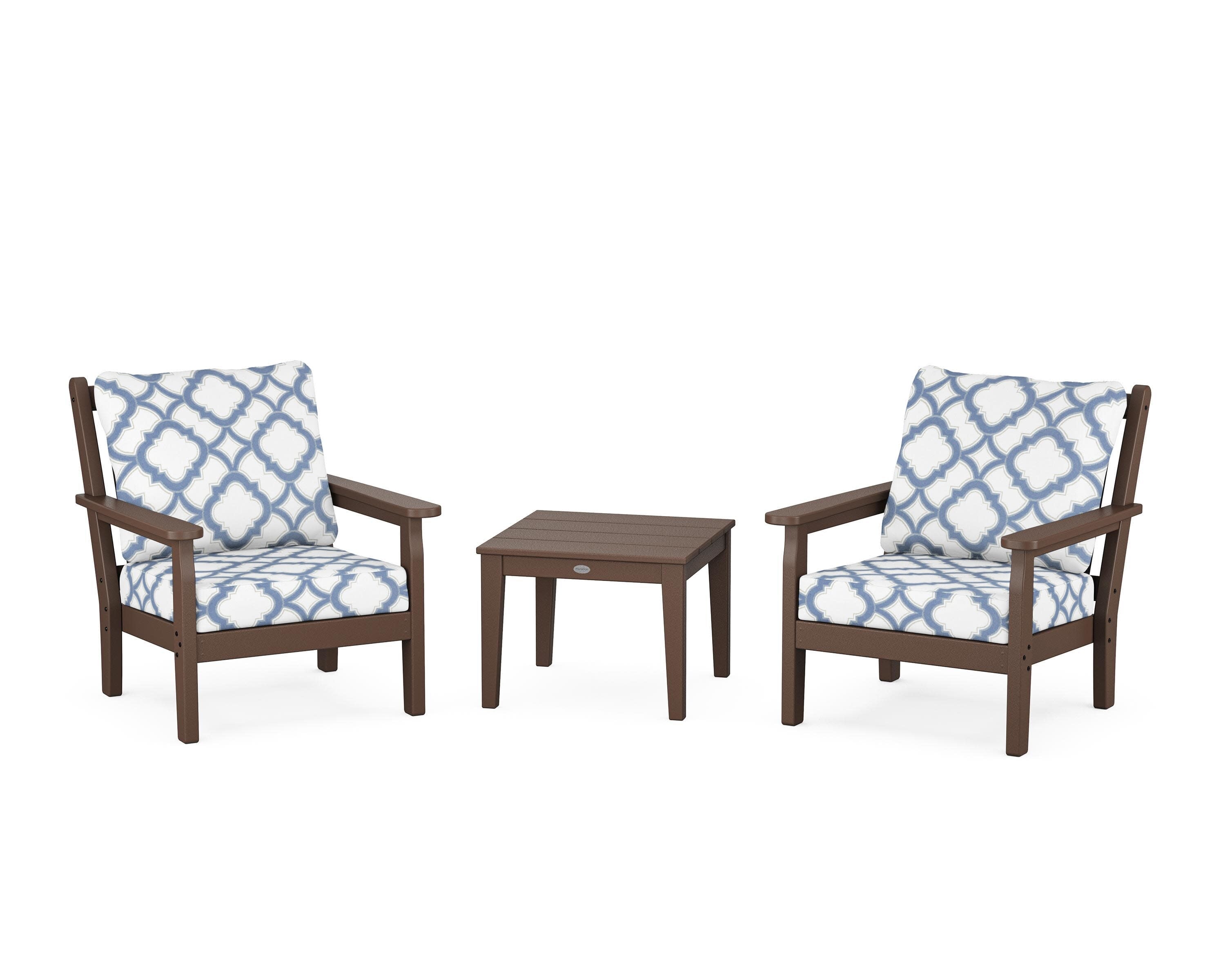 Chippendale 3-Piece Deep Seating Set in Mahogany / Trellis Sky Blue