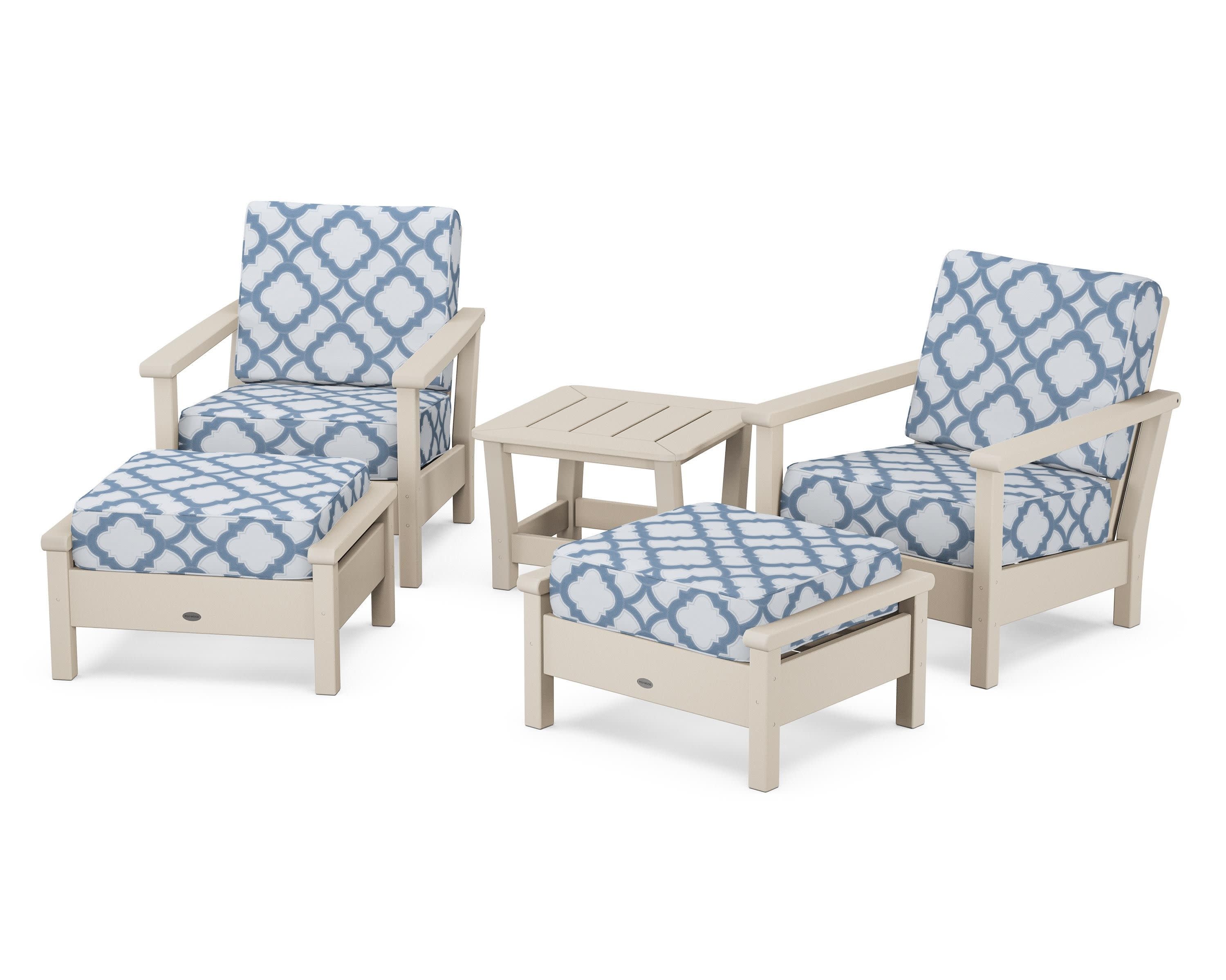 Harbour 5-Piece Deep Seating Chair Set in Sand / Trellis Sky Blue