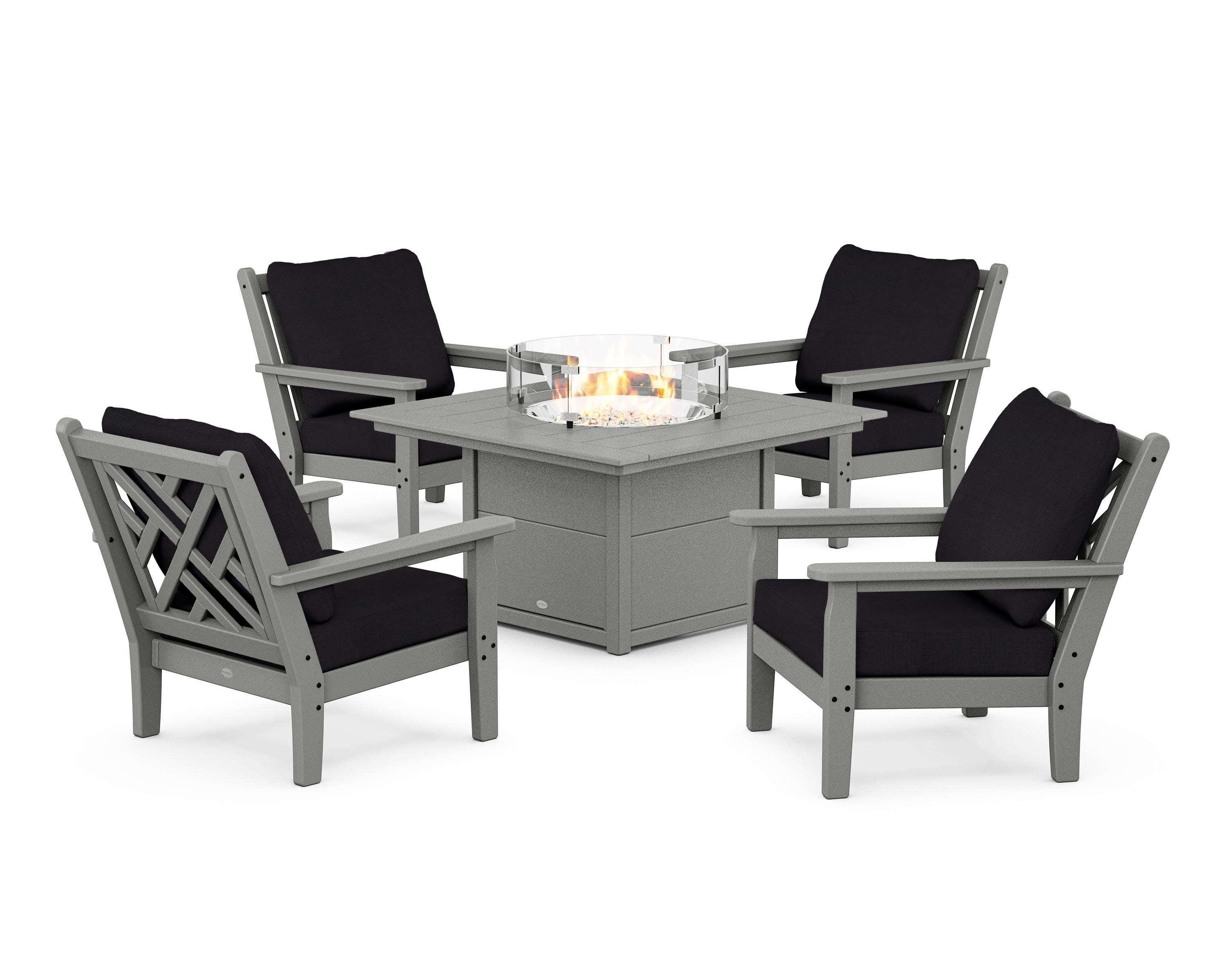 Chippendale 5-Piece Deep Seating Set with Fire Pit Table in Slate Grey / Midnight Linen