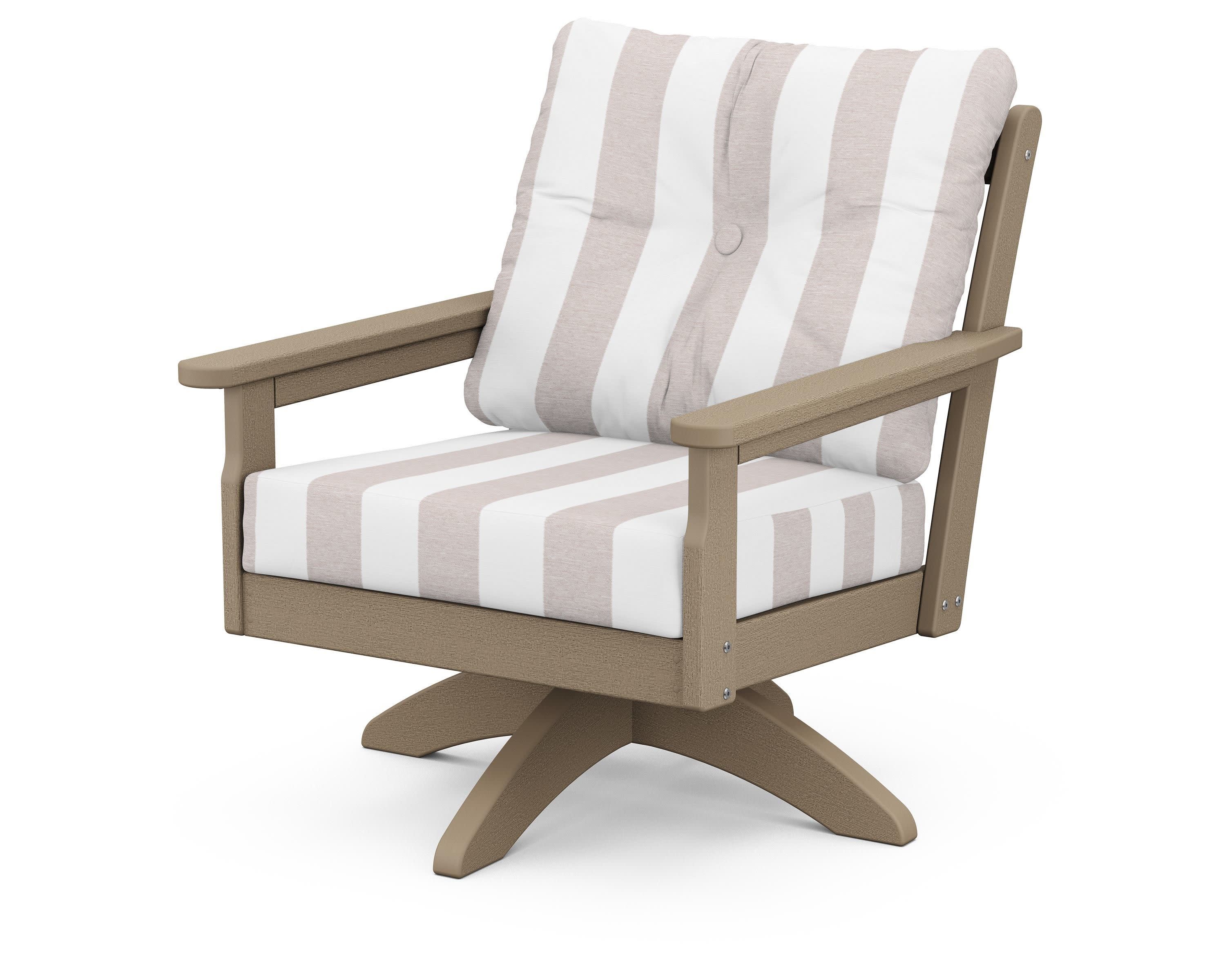 Vineyard Deep Seating Swivel Chair in Vintage Sahara / Cabana Stripe Dune Burlap